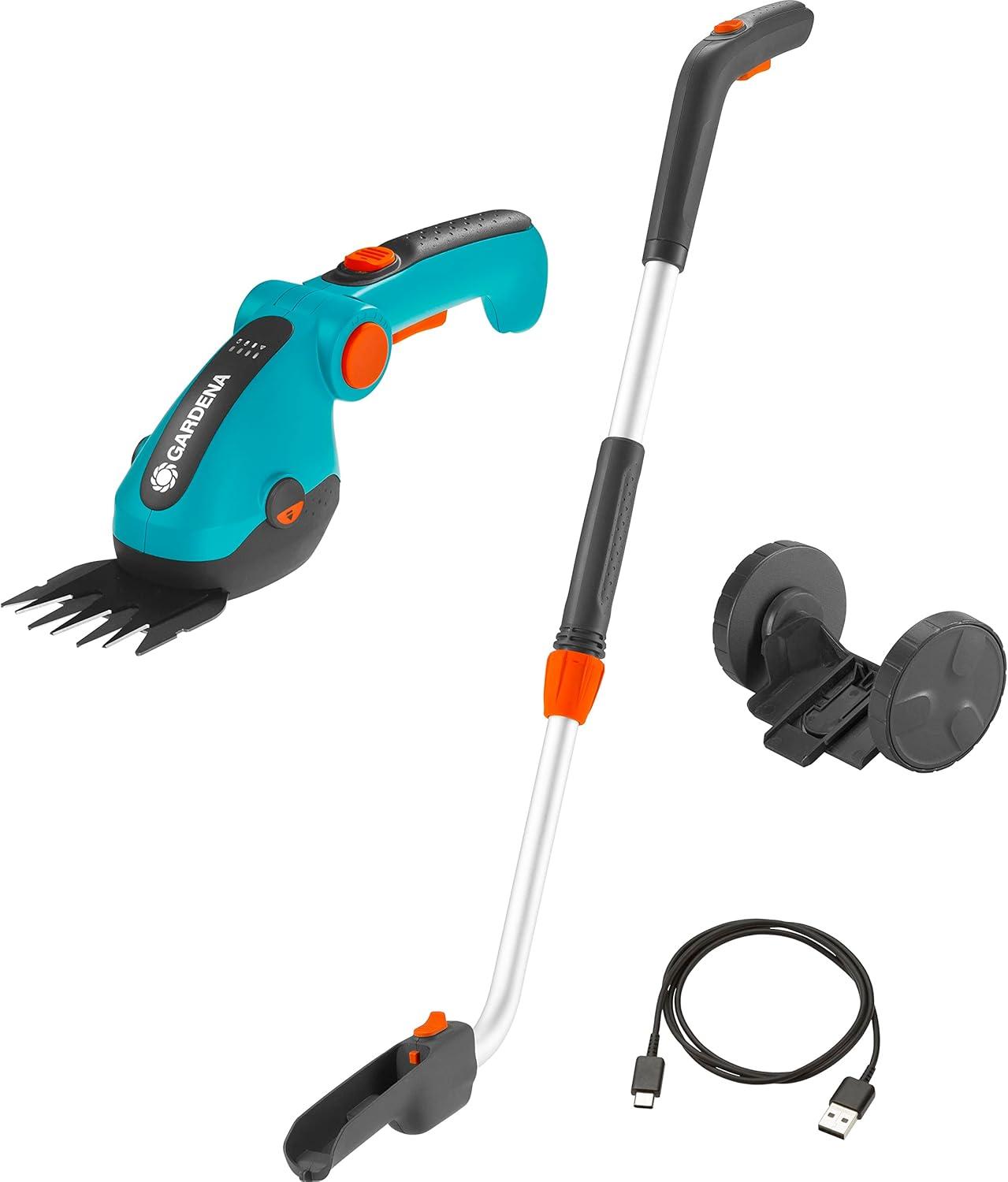 imageGARDENA 09887 Cordless Hedge Trimmer and Grass Shears Electric Garden Tools for Battery Trimming of Lawn Edges Shrubs and Bushes Handheld with 80 Min RuntimeGrass Shears Extension Pole Wheels SET