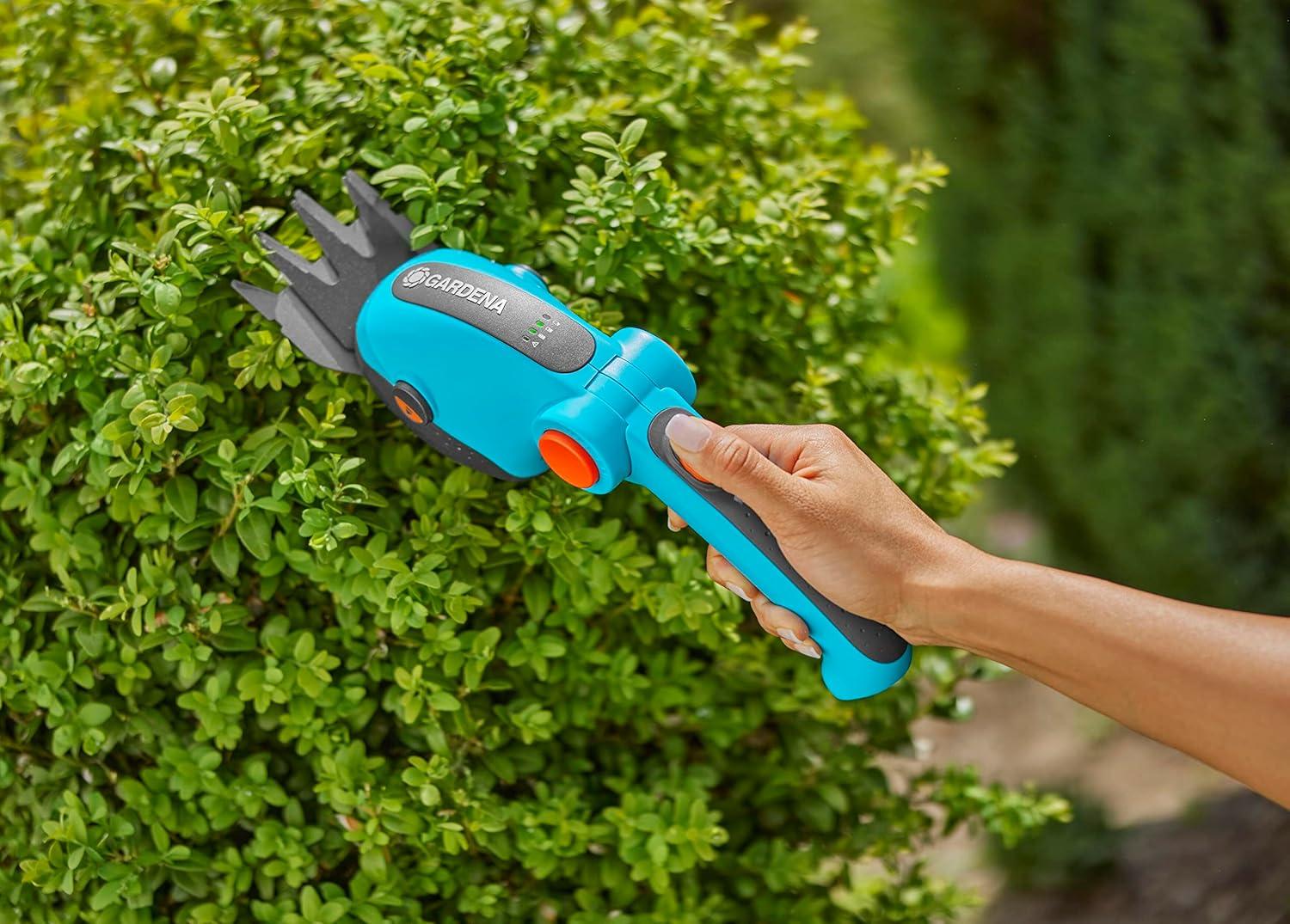 imageGARDENA 09887 Cordless Hedge Trimmer and Grass Shears Electric Garden Tools for Battery Trimming of Lawn Edges Shrubs and Bushes Handheld with 80 Min RuntimeGrass Shears Extension Pole Wheels SET