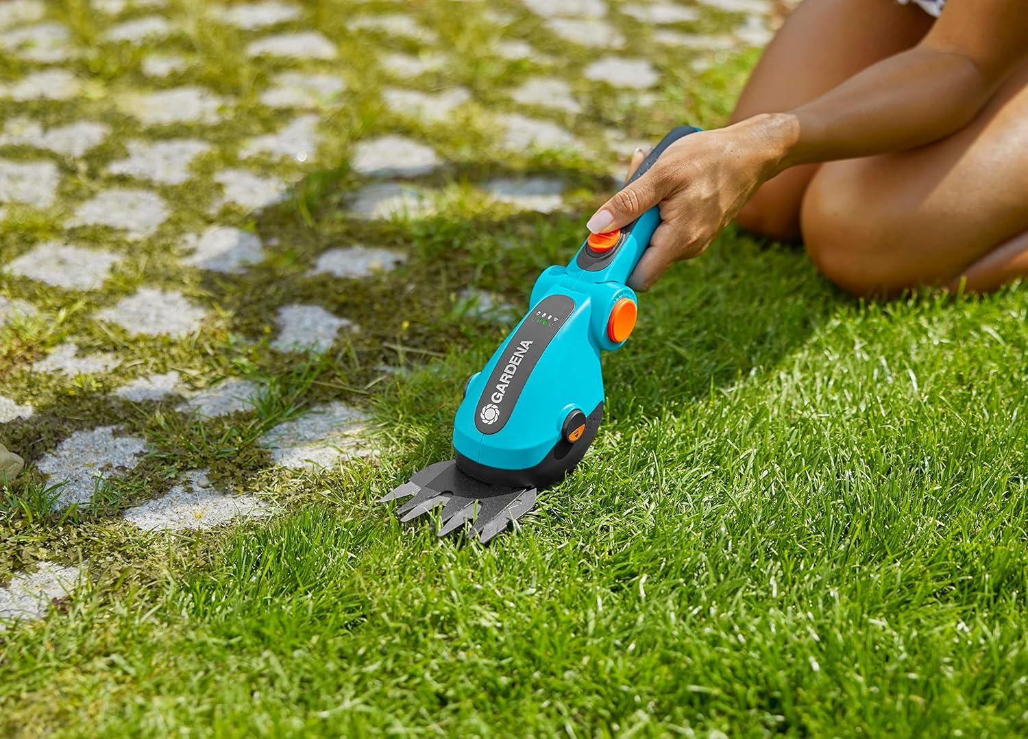 imageGARDENA 09887 Cordless Hedge Trimmer and Grass Shears Electric Garden Tools for Battery Trimming of Lawn Edges Shrubs and Bushes Handheld with 80 Min RuntimeGrass Shears Extension Pole Wheels SET