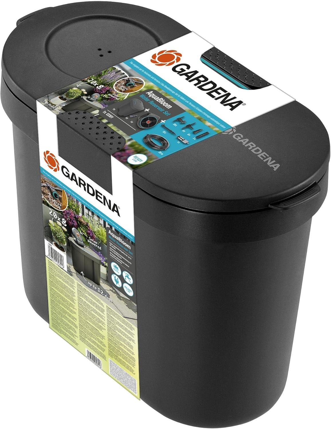 imageGARDENA 13301 SolarPowered AquaBloom Garden Irrigation Sprinkler Kit with Water Tank Water up to 20 Potted Plants with Adjustable drip Irrigation System for Automatic Watering of Patio PlantsM 21 Plants