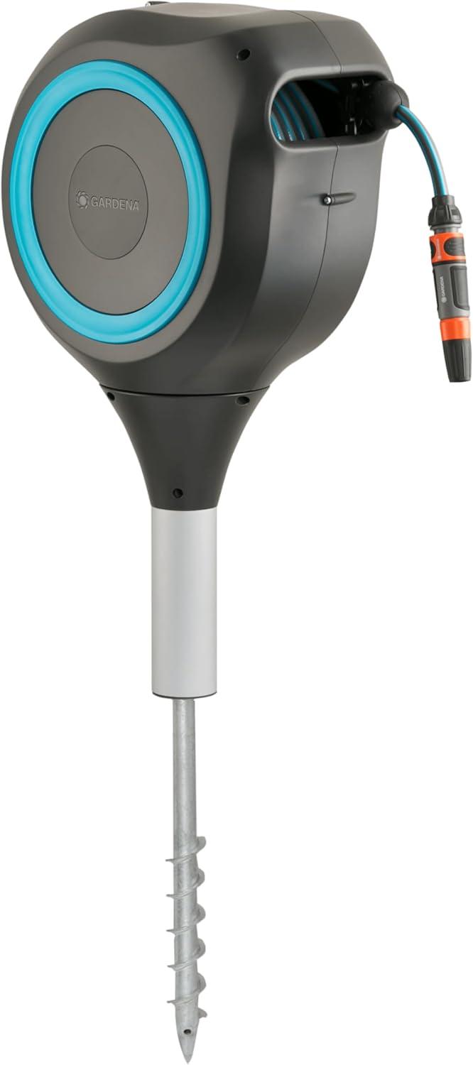 imageGARDENA 18614 66 x 12quot Automatic Retractable Garden Hose Reel on Metal Spike Outside Garden Hose with 360 swivel No Holes in your house Easy Installation No Tools Required66 ft