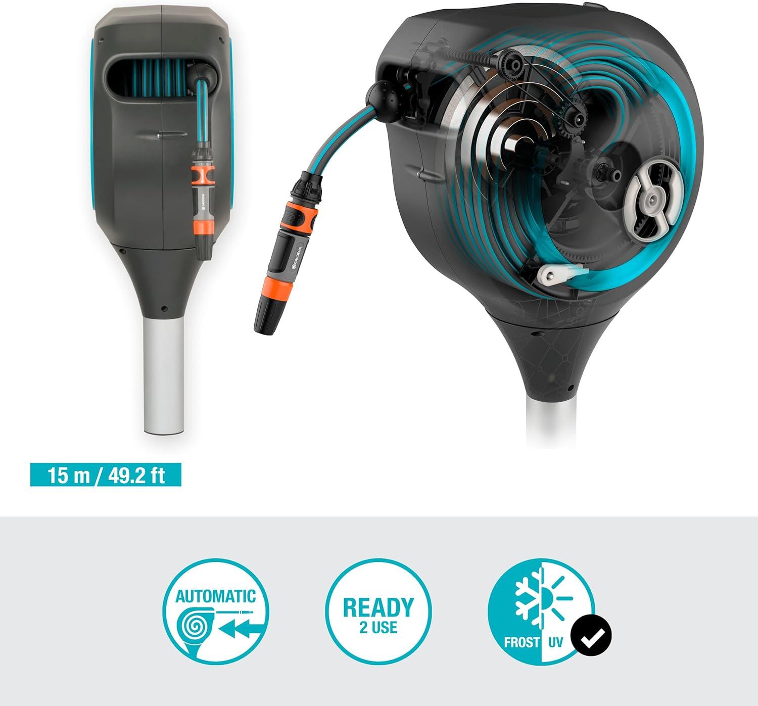 imageGARDENA 18614 66 x 12quot Automatic Retractable Garden Hose Reel on Metal Spike Outside Garden Hose with 360 swivel No Holes in your house Easy Installation No Tools Required50 ft