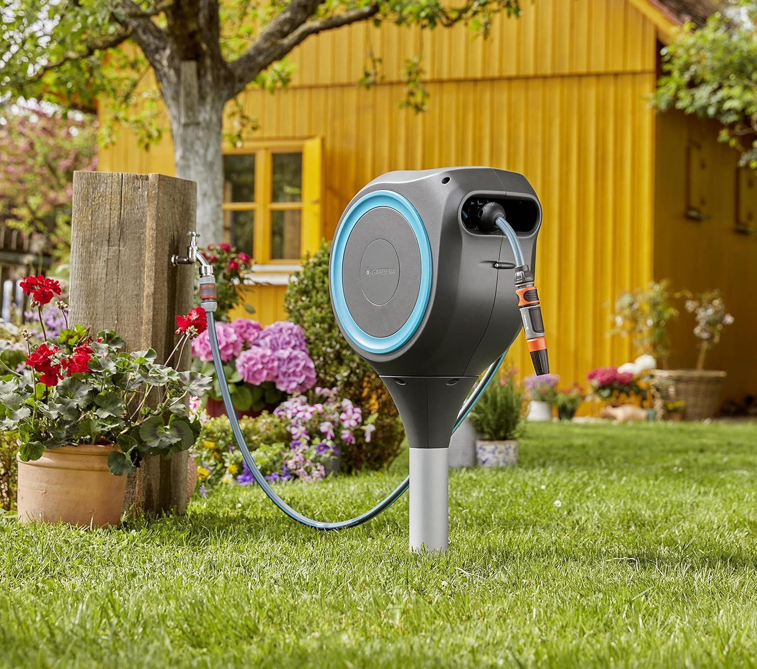 imageGARDENA 18614 66 x 12quot Automatic Retractable Garden Hose Reel on Metal Spike Outside Garden Hose with 360 swivel No Holes in your house Easy Installation No Tools Required66 ft