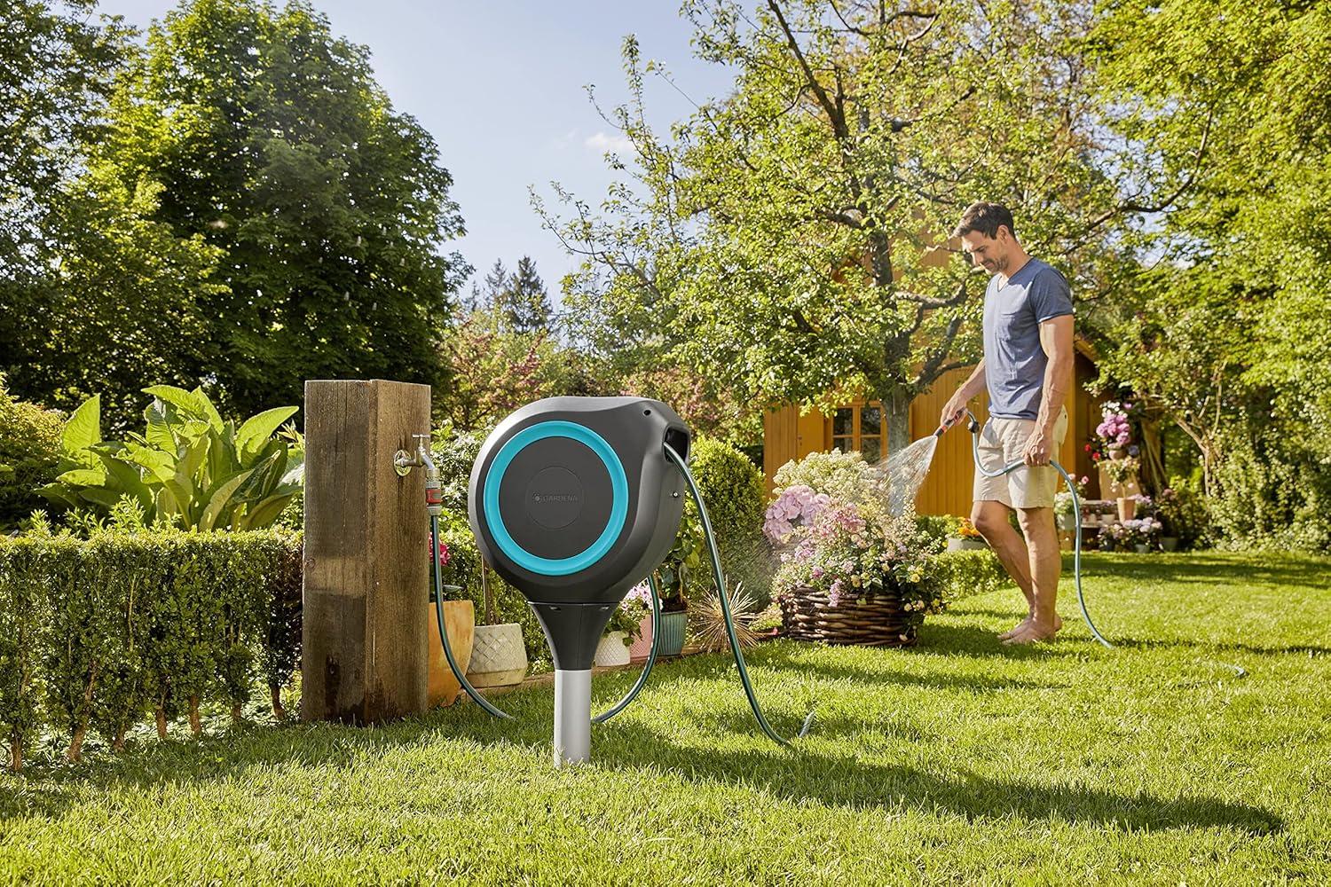 imageGARDENA 18614 66 x 12quot Automatic Retractable Garden Hose Reel on Metal Spike Outside Garden Hose with 360 swivel No Holes in your house Easy Installation No Tools Required66 ft