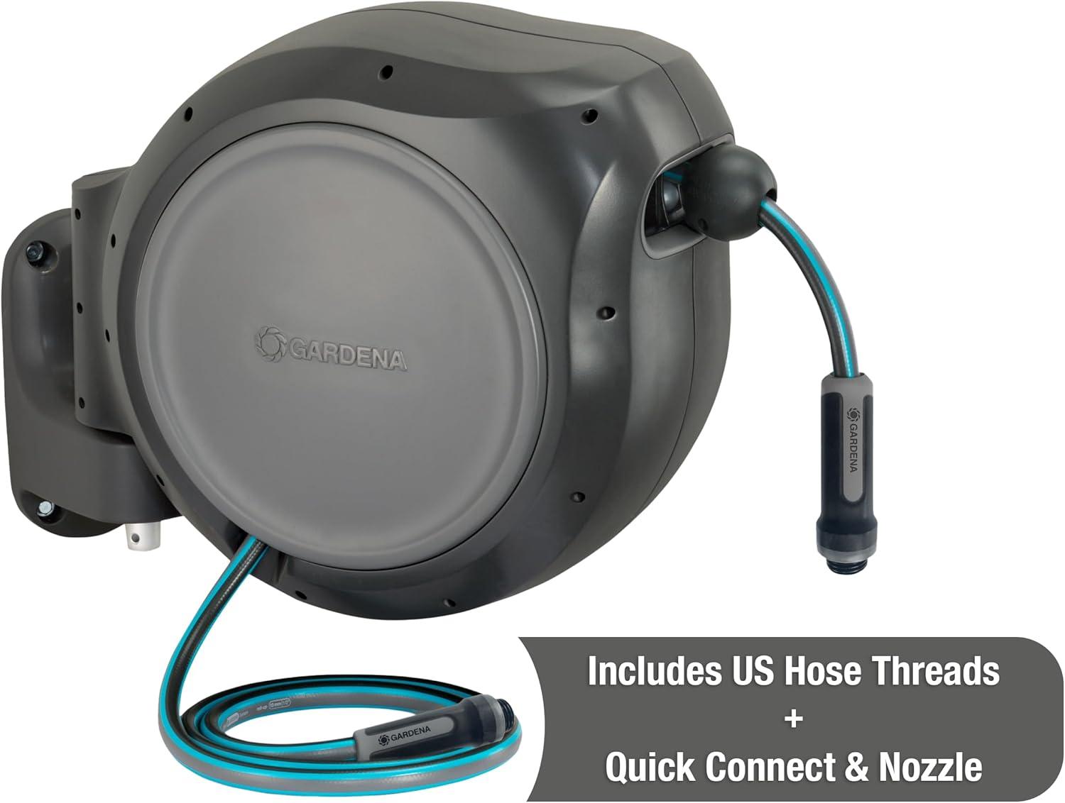 imageGARDENA 18630 Retractable Garden Hose Reel 115 x 12quot Wall Mounted Automatic Retraction ampamp Length Lock for Easy Watering Heavy Duty Swivel Bracket 180 Includes Nozzle Made in Europe50 ft