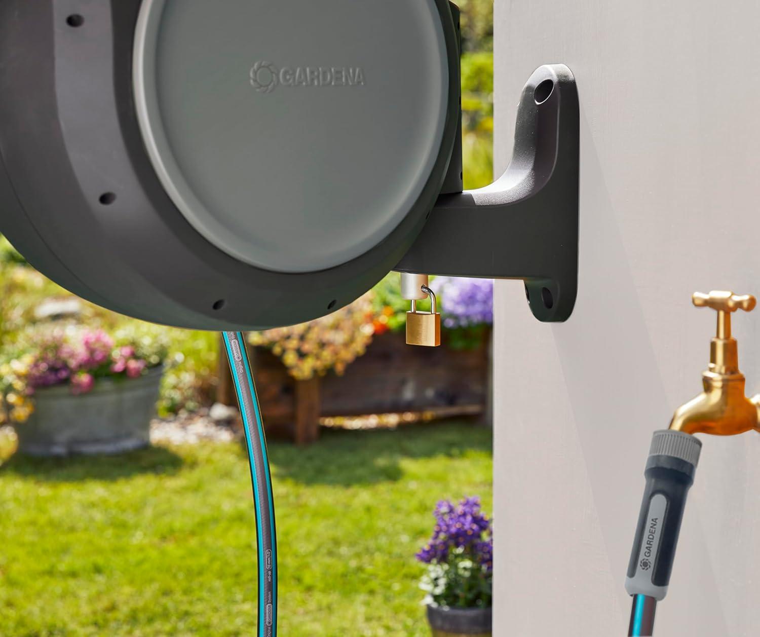 imageGARDENA 18630 Retractable Garden Hose Reel 115 x 12quot Wall Mounted Automatic Retraction ampamp Length Lock for Easy Watering Heavy Duty Swivel Bracket 180 Includes Nozzle Made in Europe100 ft