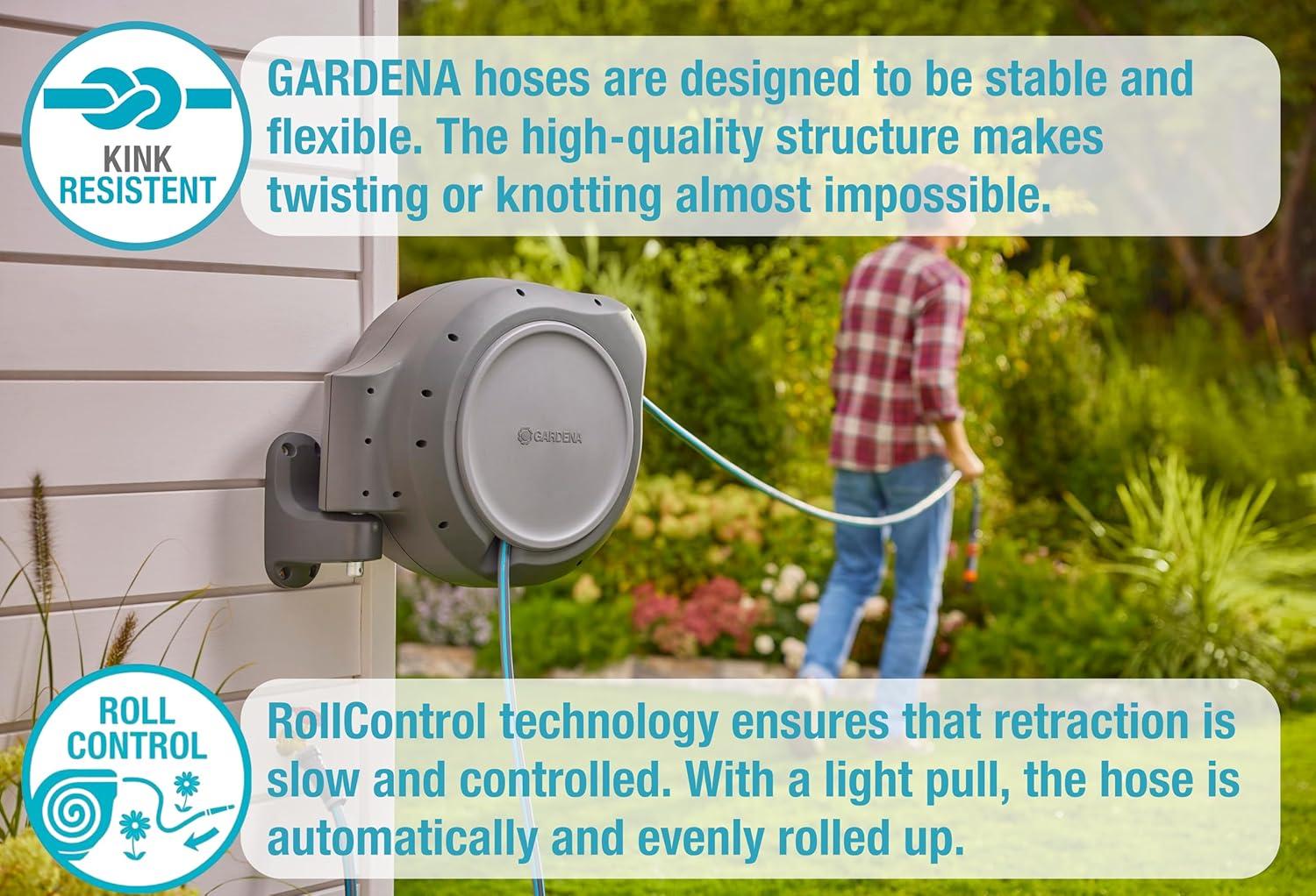 imageGARDENA 18630 Retractable Garden Hose Reel 115 x 12quot Wall Mounted Automatic Retraction ampamp Length Lock for Easy Watering Heavy Duty Swivel Bracket 180 Includes Nozzle Made in Europe50 ft