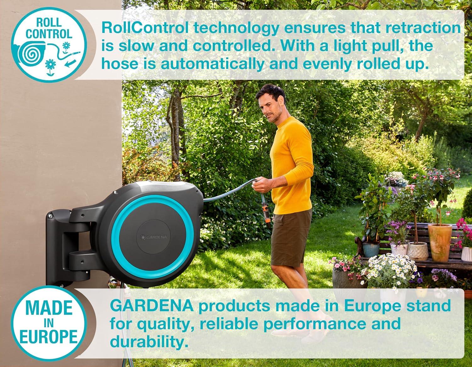 imageGARDENA 18630 Retractable Garden Hose Reel 115 x 12quot Wall Mounted Automatic Retraction ampamp Length Lock for Easy Watering Heavy Duty Swivel Bracket 180 Includes Nozzle Made in Europe115 ft