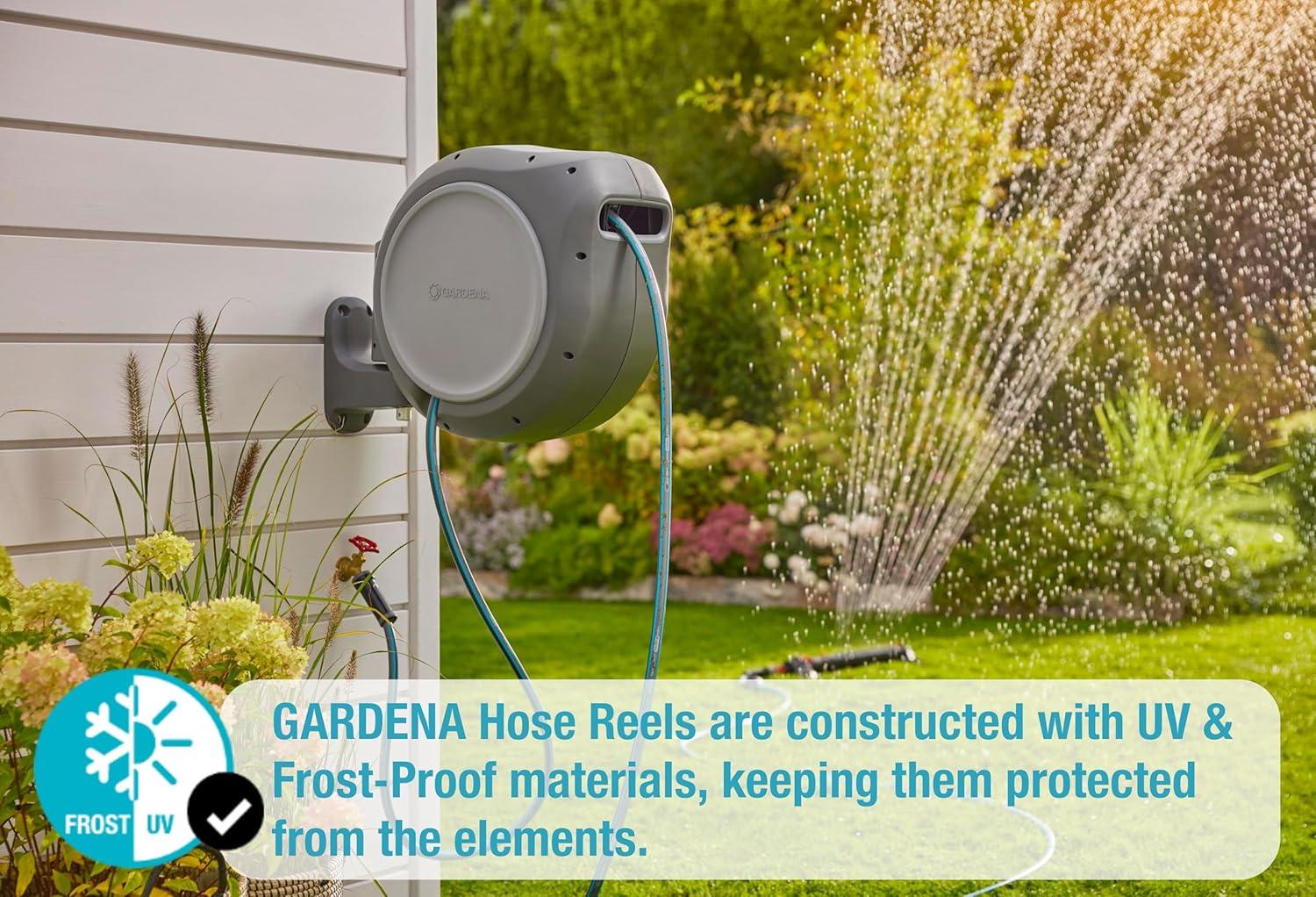 imageGARDENA 18630 Retractable Garden Hose Reel 115 x 12quot Wall Mounted Automatic Retraction ampamp Length Lock for Easy Watering Heavy Duty Swivel Bracket 180 Includes Nozzle Made in Europe50 ft