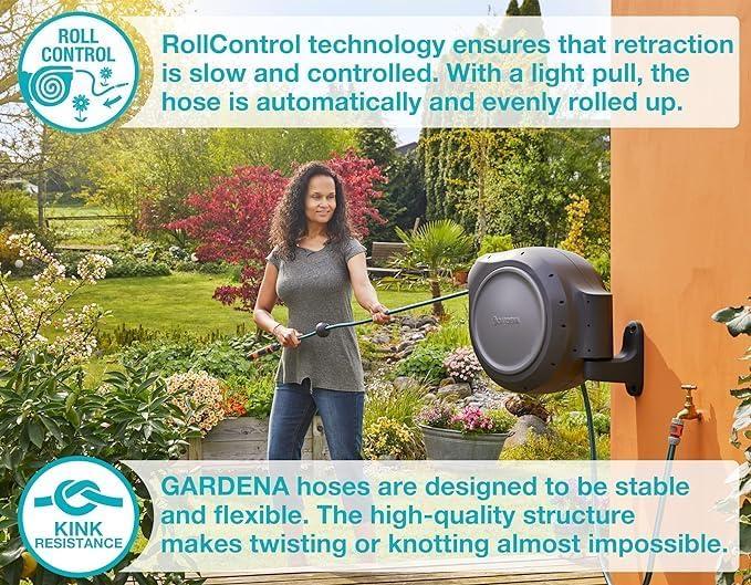 imageGARDENA 18630 Retractable Garden Hose Reel 115 x 12quot Wall Mounted Automatic Retraction ampamp Length Lock for Easy Watering Heavy Duty Swivel Bracket 180 Includes Nozzle Made in Europe75 ft