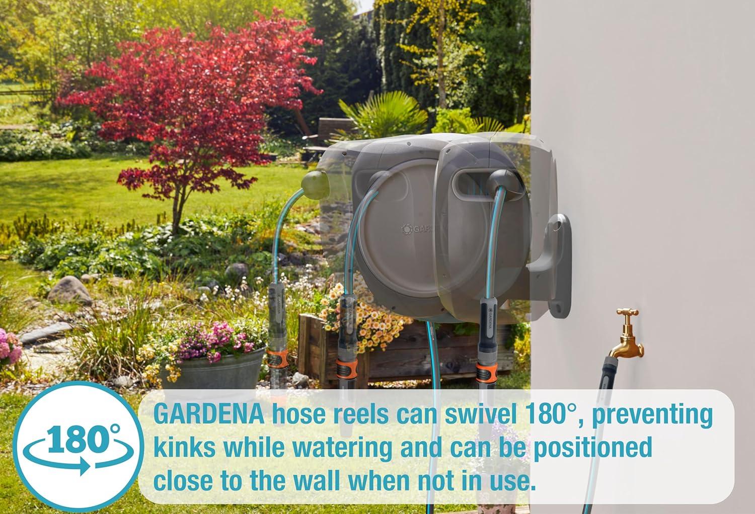 imageGARDENA 18630 Retractable Garden Hose Reel 115 x 12quot Wall Mounted Automatic Retraction ampamp Length Lock for Easy Watering Heavy Duty Swivel Bracket 180 Includes Nozzle Made in Europe50 ft
