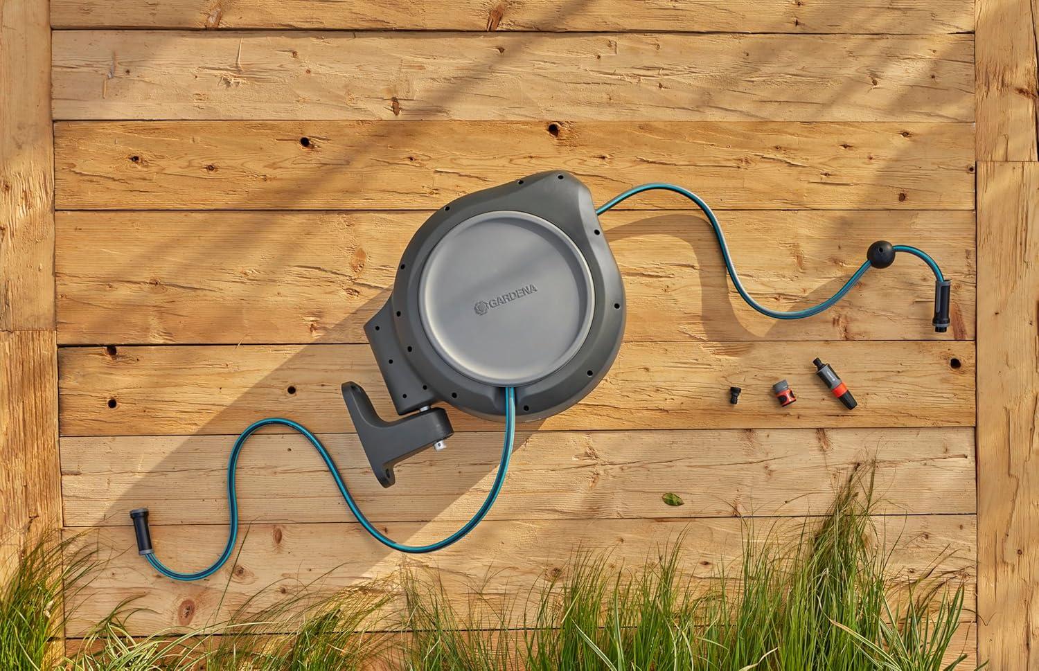 imageGARDENA 18630 Retractable Garden Hose Reel 115 x 12quot Wall Mounted Automatic Retraction ampamp Length Lock for Easy Watering Heavy Duty Swivel Bracket 180 Includes Nozzle Made in Europe75 ft