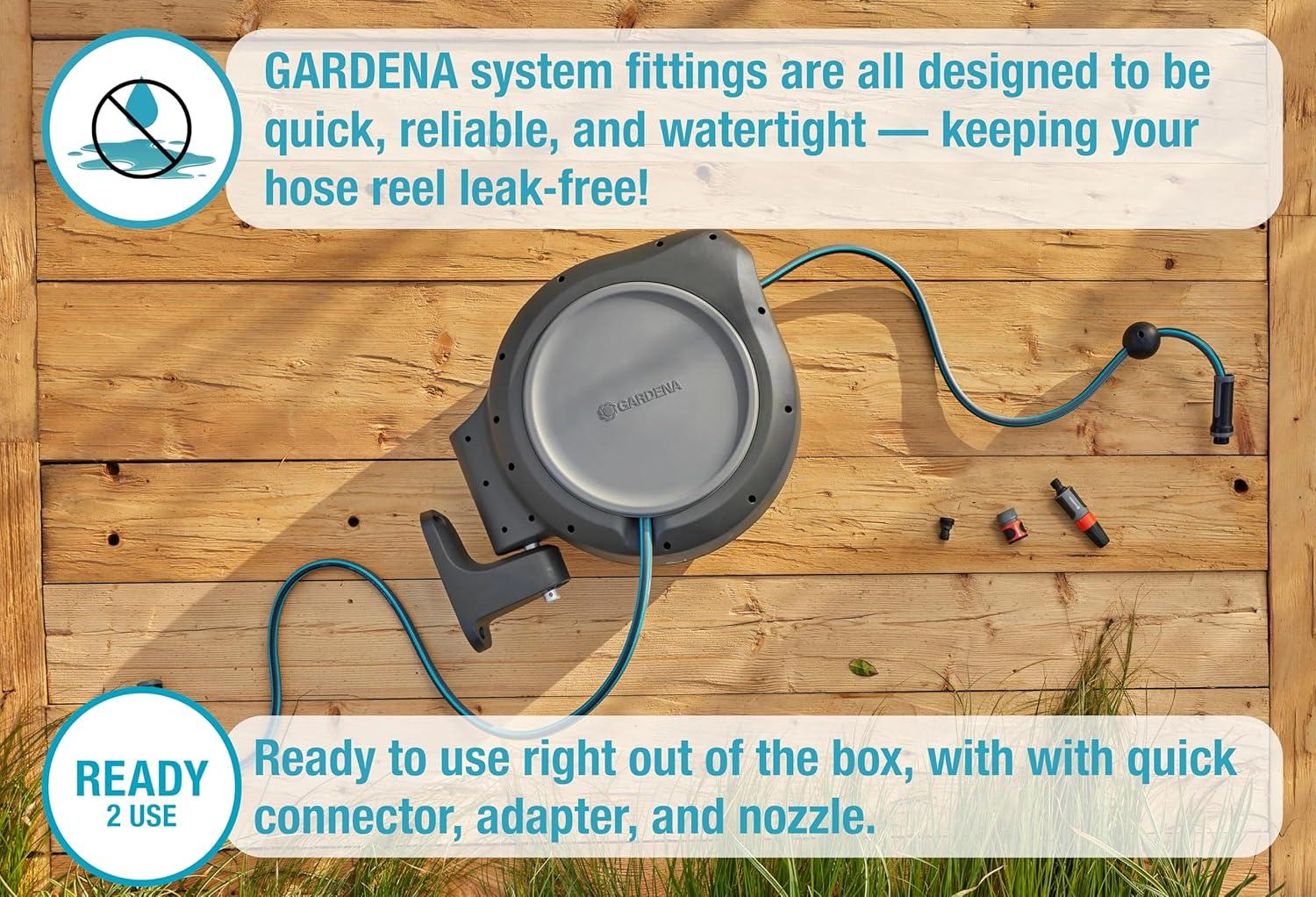 imageGARDENA 18630 Retractable Garden Hose Reel 115 x 12quot Wall Mounted Automatic Retraction ampamp Length Lock for Easy Watering Heavy Duty Swivel Bracket 180 Includes Nozzle Made in Europe50 ft