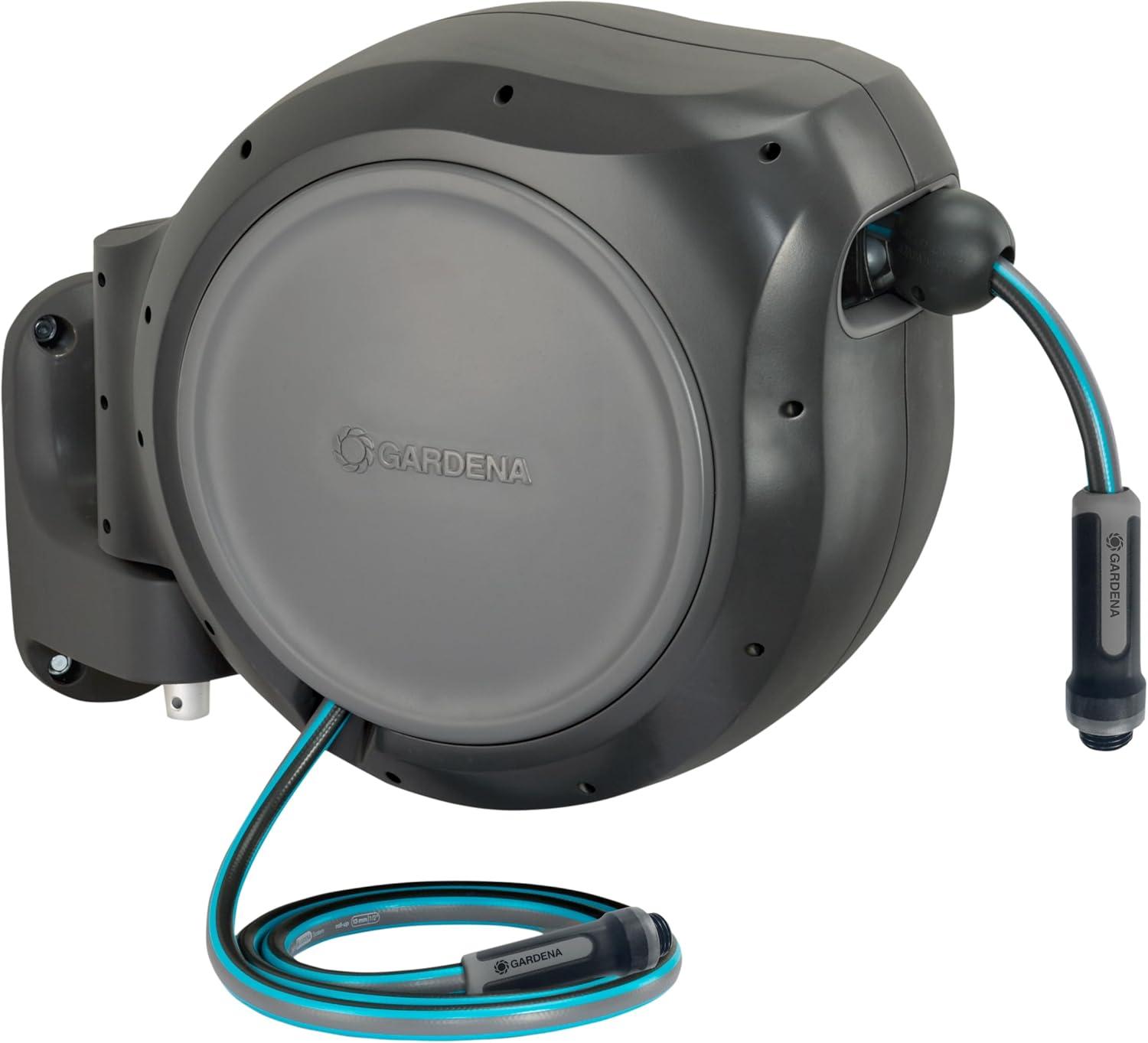 imageGARDENA 18630 Retractable Garden Hose Reel 115 x 12quot Wall Mounted Automatic Retraction ampamp Length Lock for Easy Watering Heavy Duty Swivel Bracket 180 Includes Nozzle Made in Europe100 ft