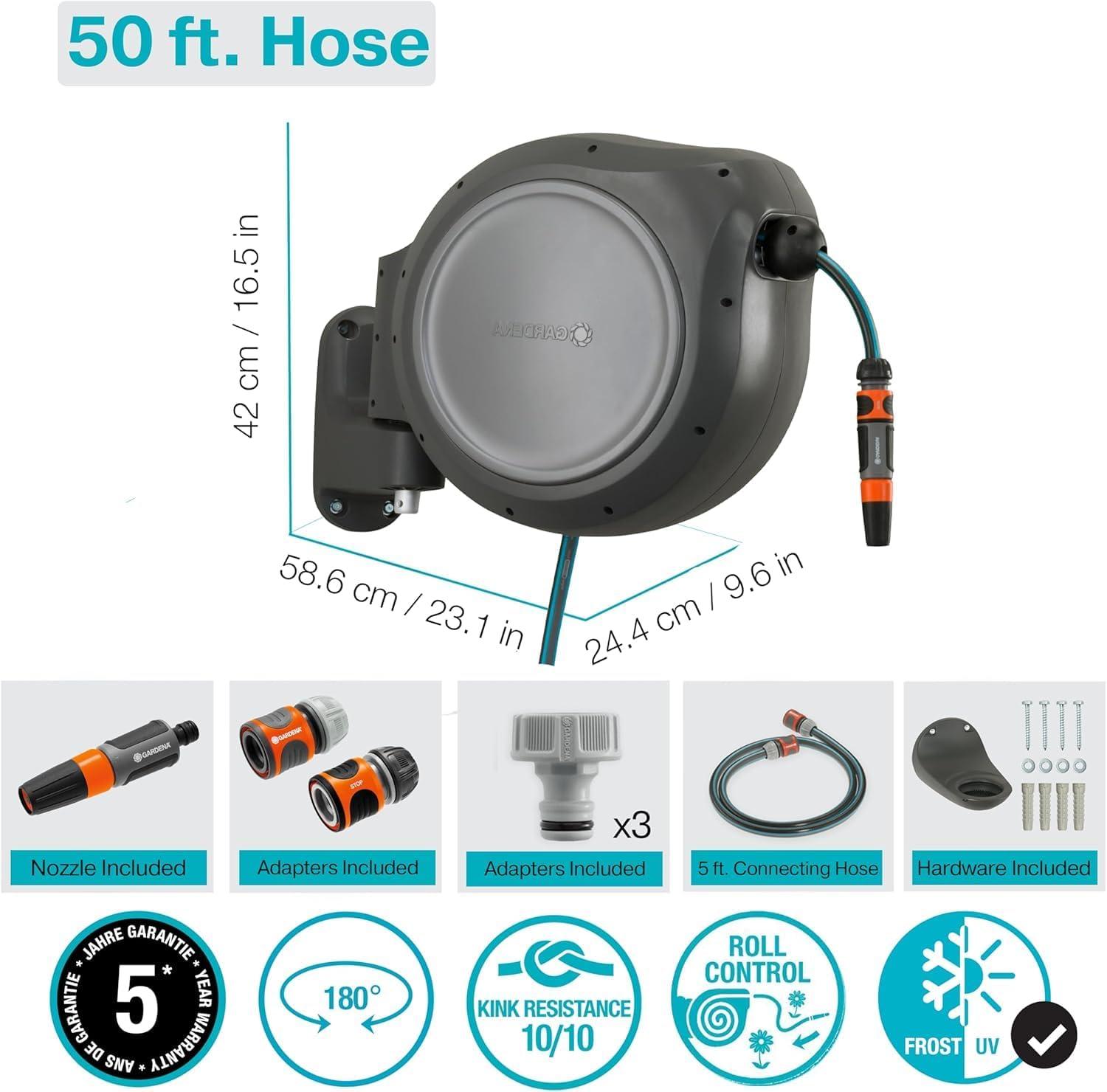 imageGARDENA 18630 Retractable Garden Hose Reel 115 x 12quot Wall Mounted Automatic Retraction ampamp Length Lock for Easy Watering Heavy Duty Swivel Bracket 180 Includes Nozzle Made in Europe50 ft