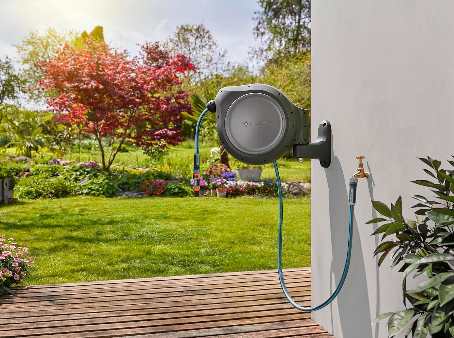 imageGARDENA 18630 Retractable Garden Hose Reel 115 x 12quot Wall Mounted Automatic Retraction ampamp Length Lock for Easy Watering Heavy Duty Swivel Bracket 180 Includes Nozzle Made in Europe50 ft
