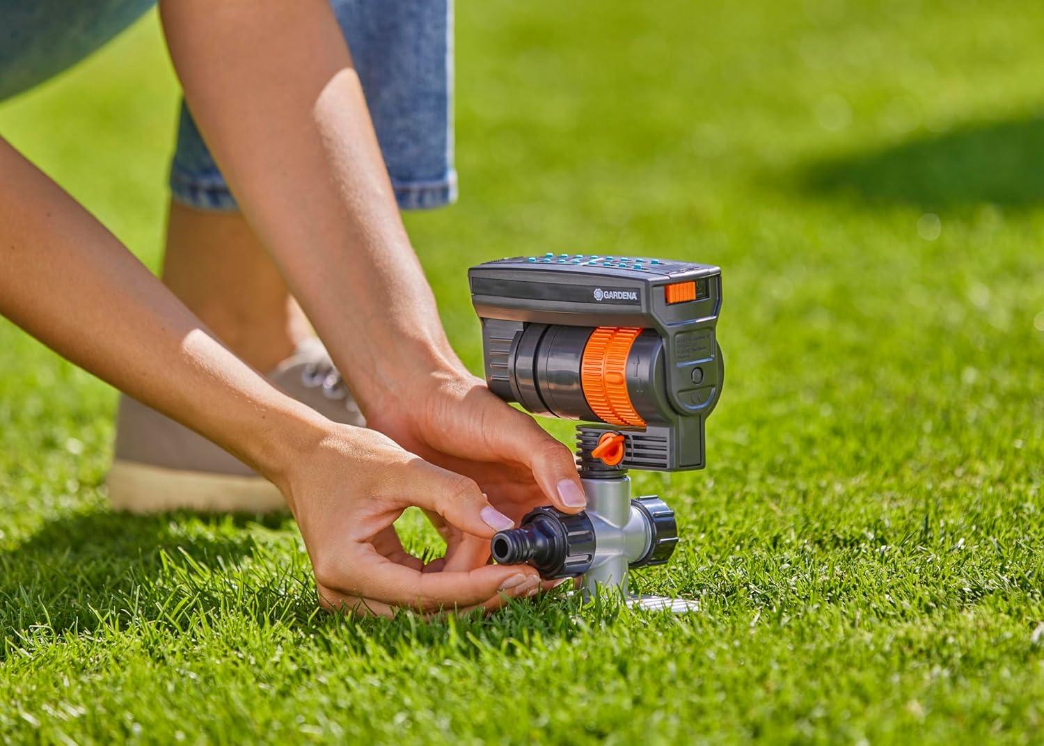 imageGARDENA 20575 Up to 2300 sq ft ZoomMaxx Adjustable Oscillating Sprinkler on Metal Step Spike for Watering Large Area Lawn with US Hose Threads Yard and Garden Gardena Quick Connects