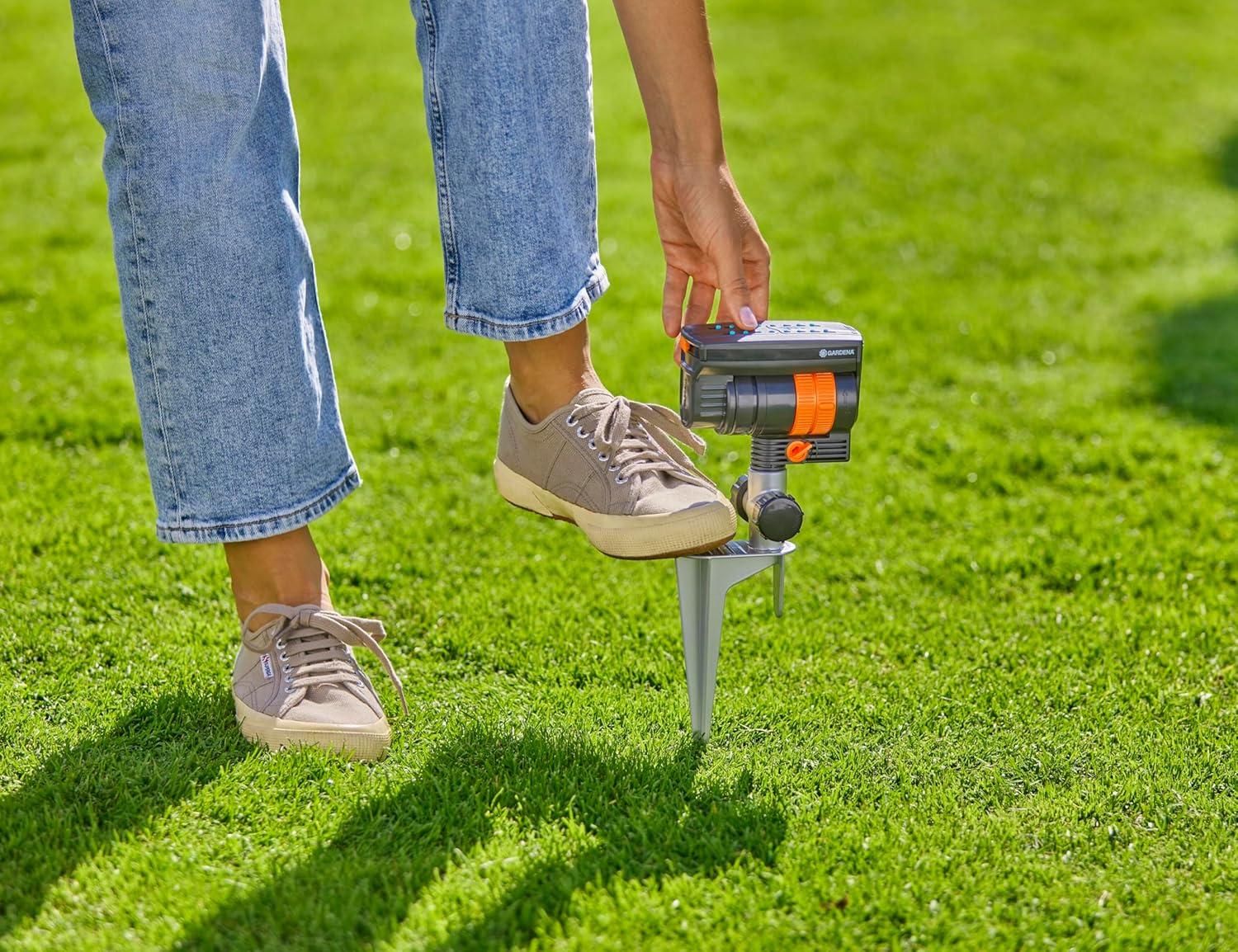 imageGARDENA 20575 Up to 2300 sq ft ZoomMaxx Adjustable Oscillating Sprinkler on Metal Step Spike for Watering Large Area Lawn with US Hose Threads Yard and Garden Gardena Quick Connects