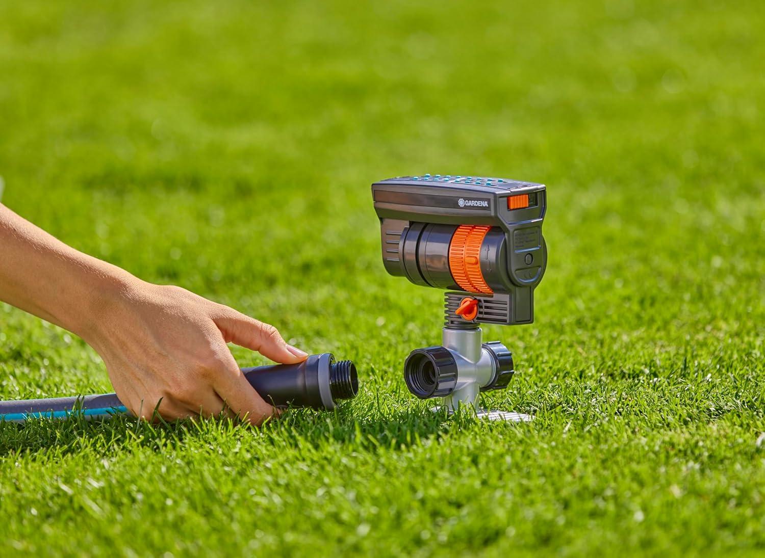 imageGARDENA 20575 Up to 2300 sq ft ZoomMaxx Adjustable Oscillating Sprinkler on Metal Step Spike for Watering Large Area Lawn with US Hose Threads Yard and Garden Gardena Quick Connects