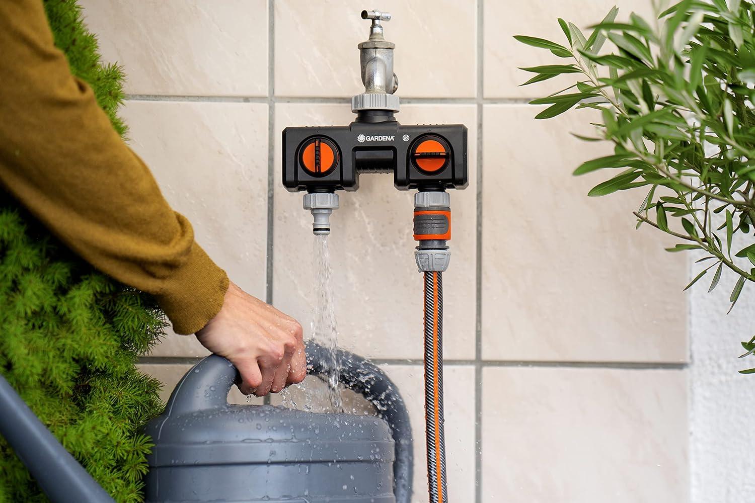 imageGARDENA 38193 TwoWay Garden Hose Splitter with Flow Control Valves and Quick Connect Fittings Connect 2 waterHoses to 1 Tap with easy connector ports