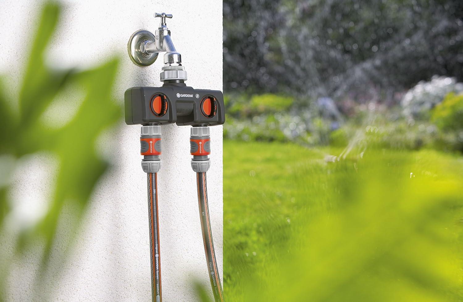 imageGARDENA 38193 TwoWay Garden Hose Splitter with Flow Control Valves and Quick Connect Fittings Connect 2 waterHoses to 1 Tap with easy connector ports