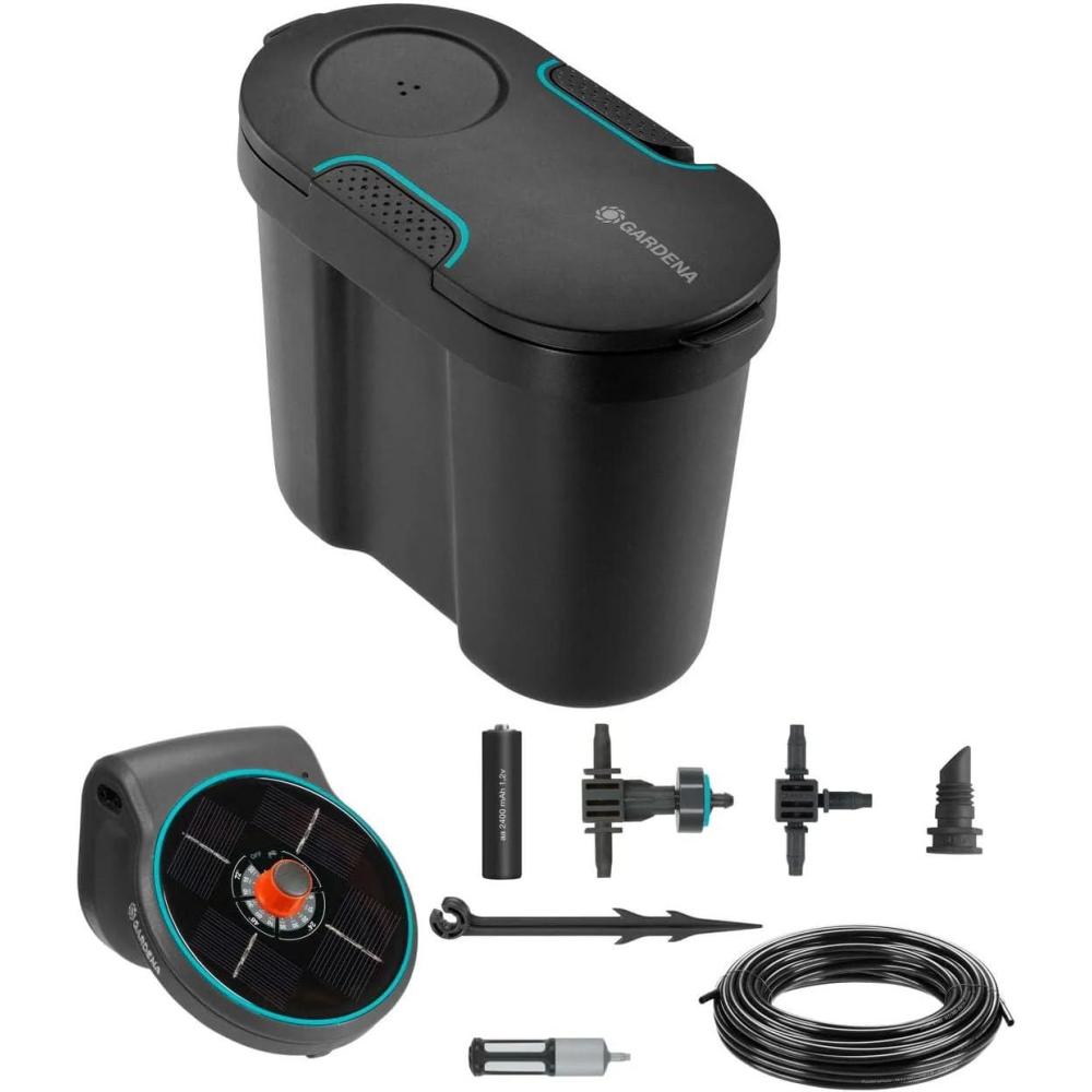 imageGARDENA 13301 SolarPowered AquaBloom Garden Irrigation Sprinkler Kit with Water Tank Water up to 20 Potted Plants with Adjustable drip Irrigation System for Automatic Watering of Patio PlantsM 20 Plants
