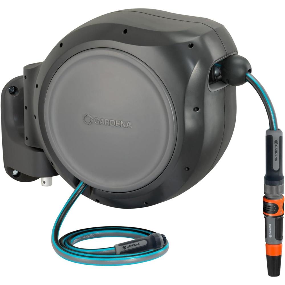 imageGARDENA 18630 Retractable Garden Hose Reel 115 x 12quot Wall Mounted Automatic Retraction ampamp Length Lock for Easy Watering Heavy Duty Swivel Bracket 180 Includes Nozzle Made in Europe75 ft