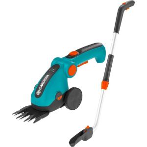 GARDENA (09887) Cordless Hedge Trimmer and Grass Shears, Electric Garden Tools for Battery Trimming of Lawn Edges, Shrubs, and Bushes. Handheld with 80 Min Runtime.(Grass Shears  Extension Pole & Wheels SET)