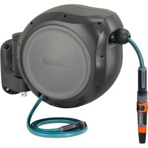 GARDENA (18630) Retractable Garden Hose Reel 115′ x 1/2″ Wall Mounted, Automatic Retraction & Length Lock for Easy Watering. Heavy Duty Swivel Bracket 180°, Includes Nozzle. Made in Europe(100 ft)