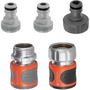 GARDENA 5-Piece Premium Metal Quick Connect Garden Fittings: Hose Attachment Kit for 5/8 Inch or 1/2 Inch Hose – Quickly Attach Sprinklers, Spray Nozzles, and Accessories.(1 Set)