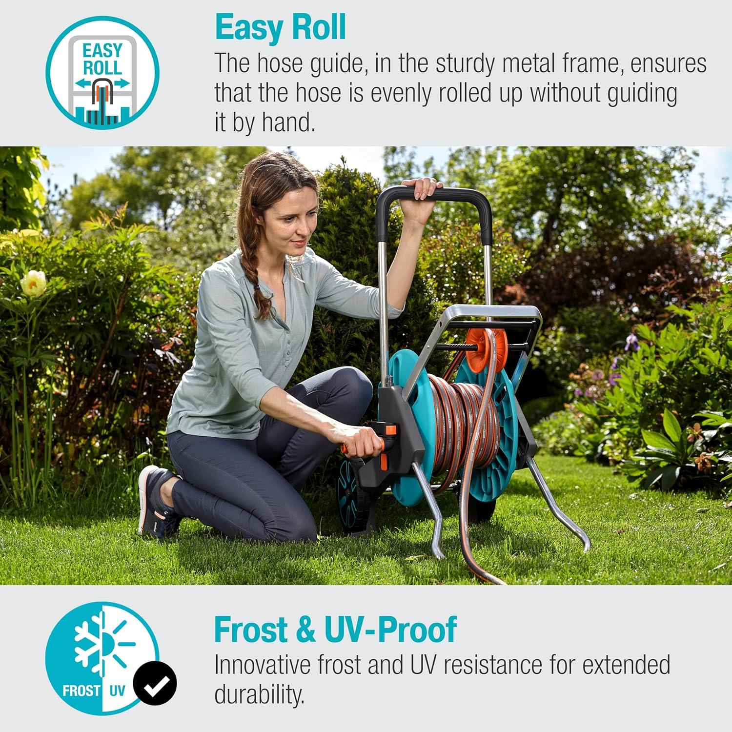 imageGardena 1851580 Frost Proof Hose Cart with Builtin Hose Guide Includes 5 ft Connection Hose and Adapters Holds 195 ft 12 Hose Durable Construction Made in Germany Turquoise12