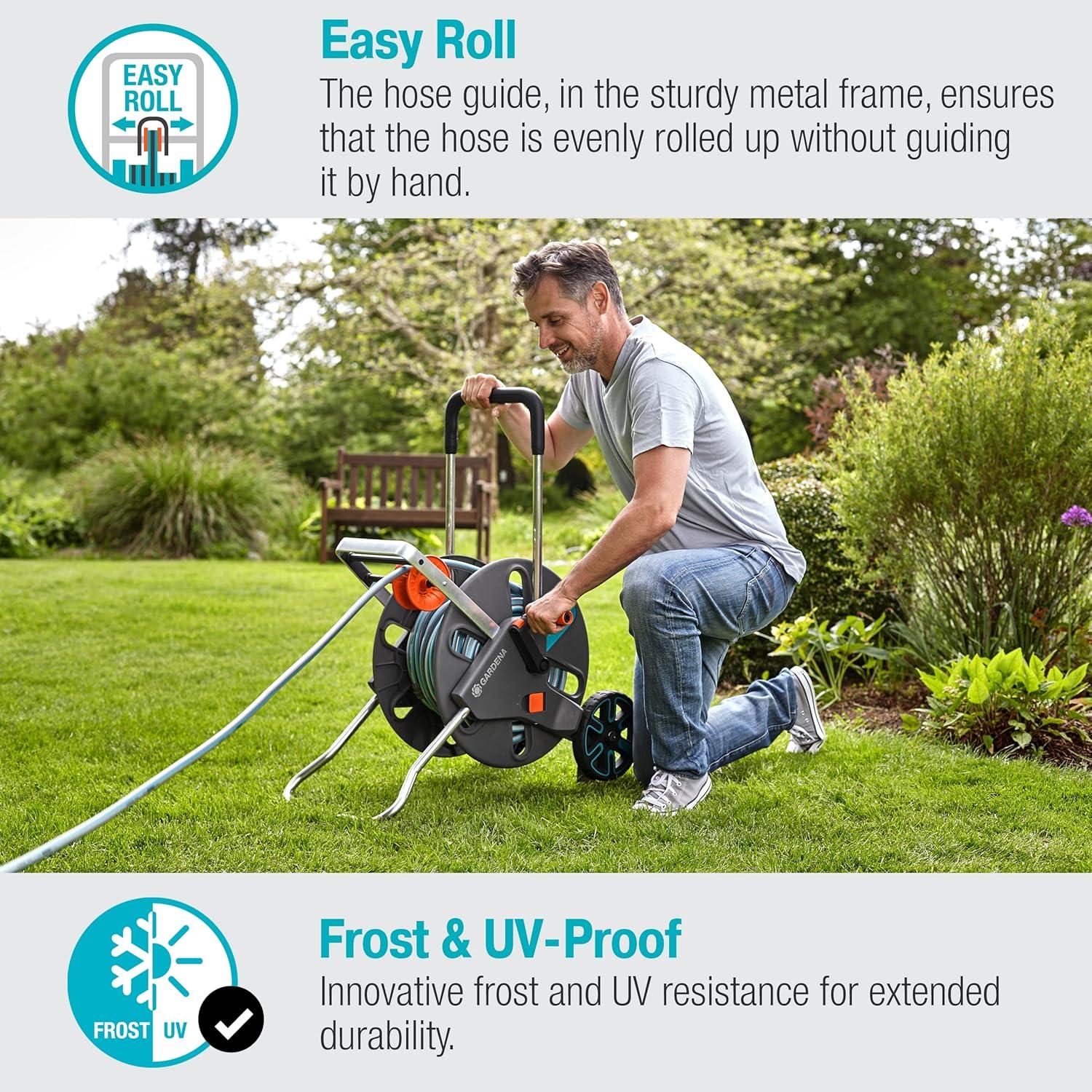imageGardena 1851580 Frost Proof Hose Cart with Builtin Hose Guide Includes 5 ft Connection Hose and Adapters Holds 195 ft 12 Hose Durable Construction Made in Germany Turquoise58