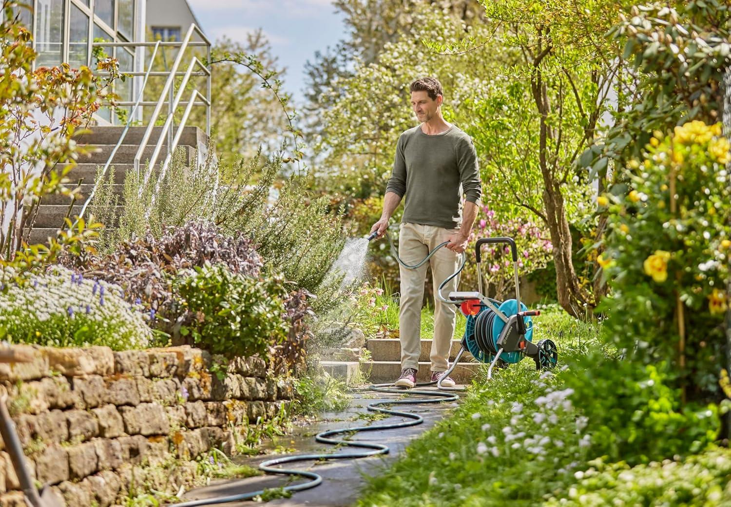 imageGardena 1851580 Frost Proof Hose Cart with Builtin Hose Guide Includes 5 ft Connection Hose and Adapters Holds 195 ft 12 Hose Durable Construction Made in Germany Turquoise58