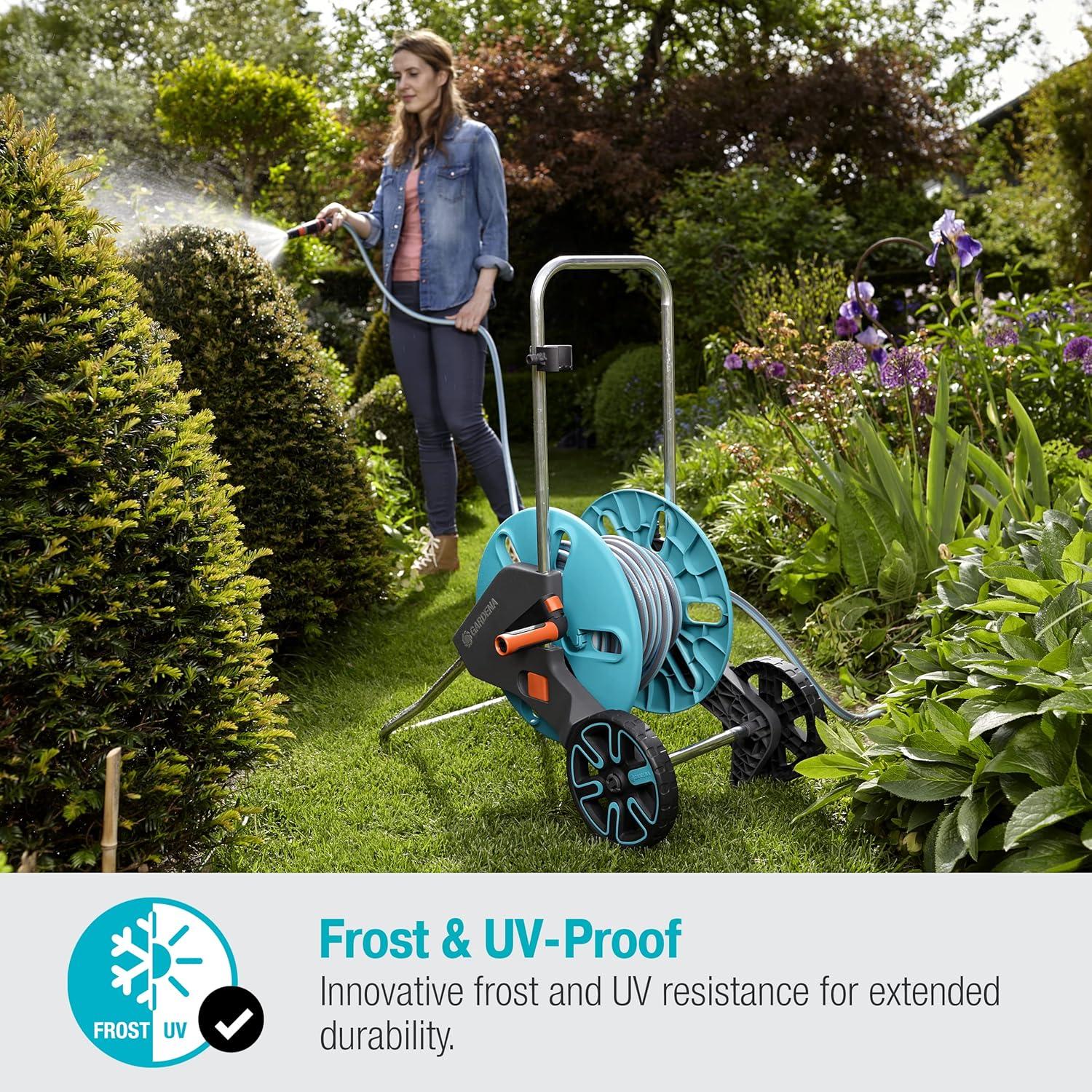 imageGardena 1851580 Frost Proof Hose Cart with Builtin Hose Guide Includes 5 ft Connection Hose and Adapters Holds 195 ft 12 Hose Durable Construction Made in Germany Turquoise58