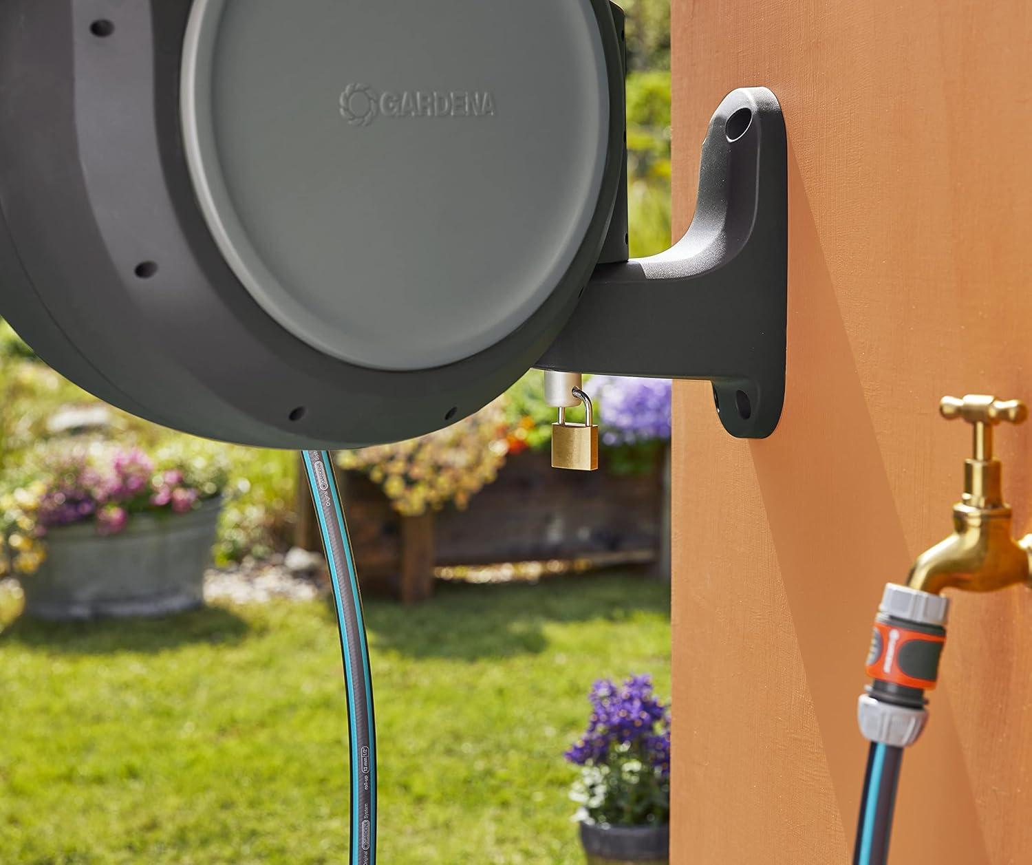 imageGARDENA 08050 Retractable Garden Hose Reel 82 x 12quot hose Wall Mounted Automatic Retraction ampamp Length Lock for Easy Watering Heavy Duty Swivel Bracket 180 Includes Nozzle