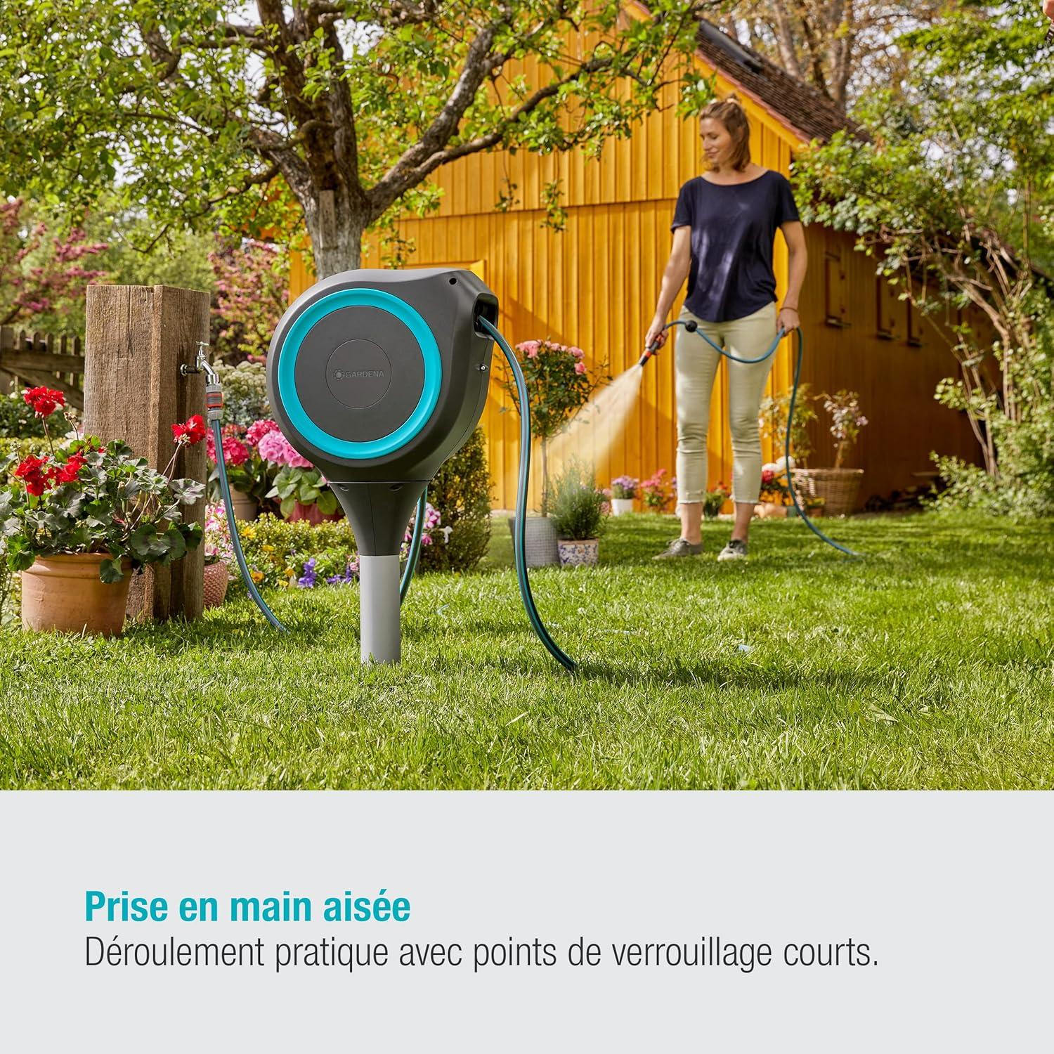 imageGardena Coffre de tuyau de jardin RollUp S turquoise 15 m Coffre tuyau pivotant guide tuyau intgr avec tuyau de qualit Gardena de 15 m piquet de terre et aide au montage 1860420Turquoise