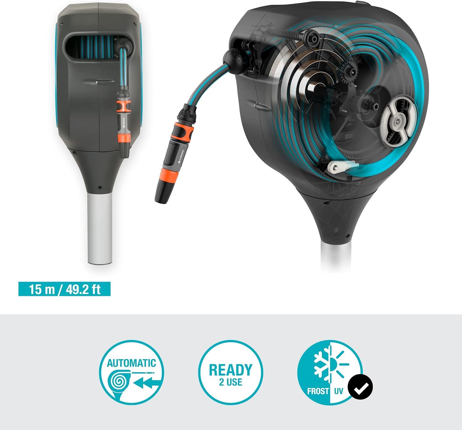 imageGardena Coffre de tuyau de jardin RollUp S turquoise 15 m Coffre tuyau pivotant guide tuyau intgr avec tuyau de qualit Gardena de 15 m piquet de terre et aide au montage 1860420Turquoise