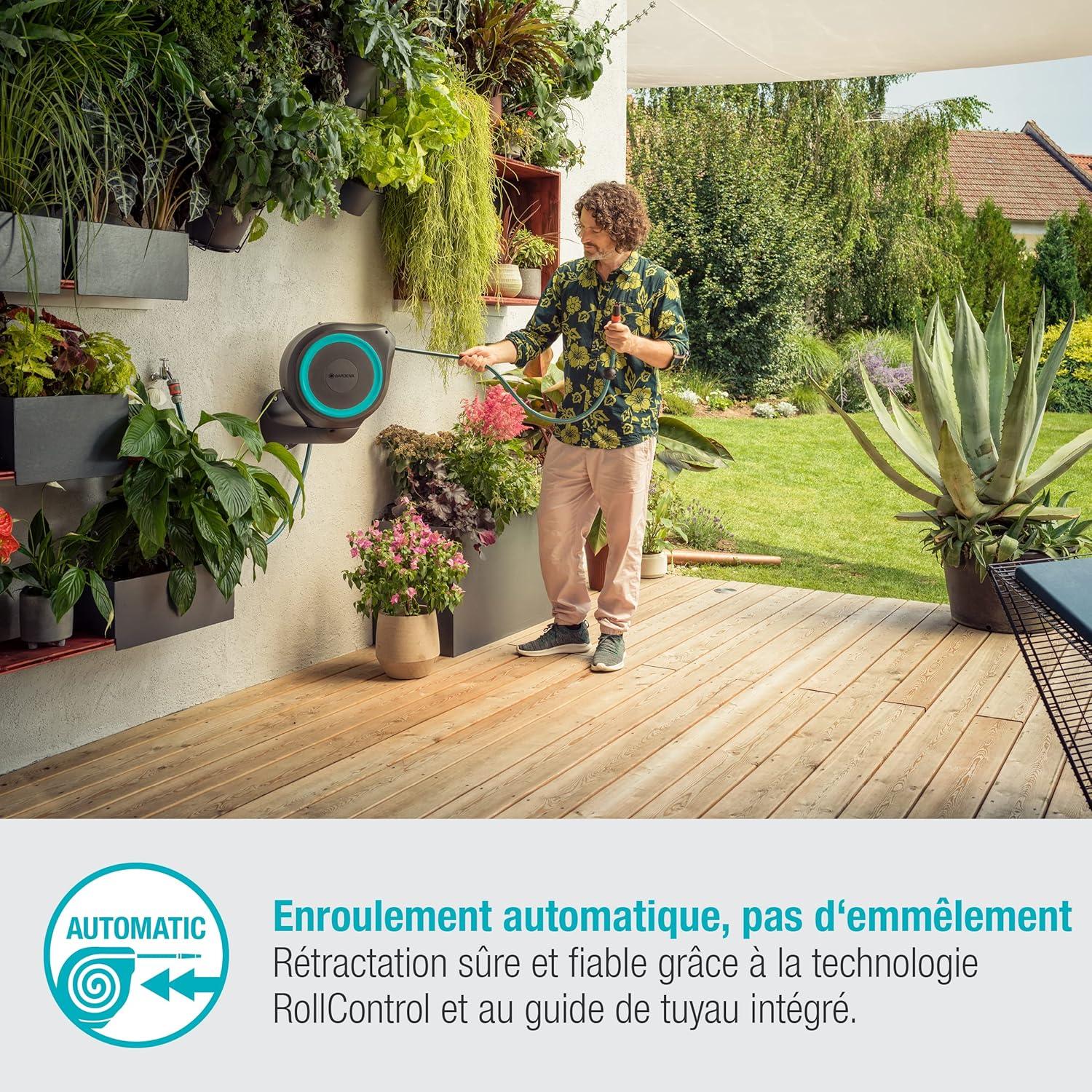 imageGardena Coffre de tuyau mural RollUp M 20 m Arrosage flexible jardins de taille moyenne enrouleur pivotant support mural pces du systme et pulvrisateur 20 m de tuyau Gardena inclus 1861020Turquoise