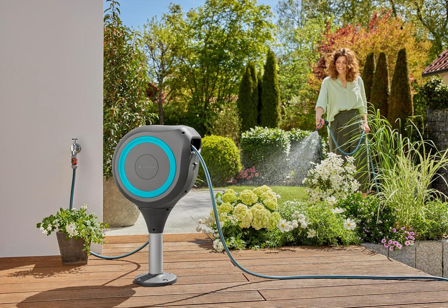 imageGardena Dvidoir de terrasse RollUp S bote rsistante aux intempries technologie RollUp ampamp 15 m de tuyau arrosage petits jardins avec terrasse enroulement automatique turquoise 1860720Turquoise