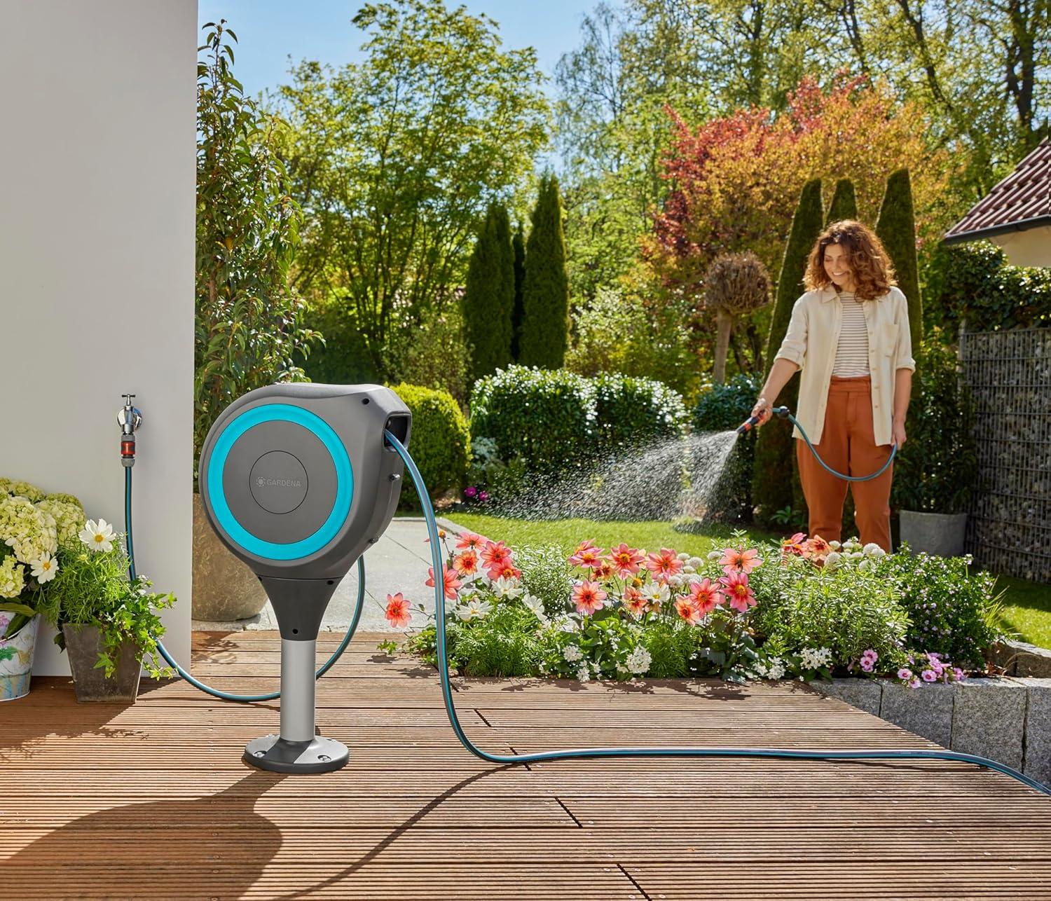 imageGardena Dvidoir de terrasse RollUp S bote rsistante aux intempries technologie RollUp ampamp 15 m de tuyau arrosage petits jardins avec terrasse enroulement automatique turquoise 1860720Turquoise