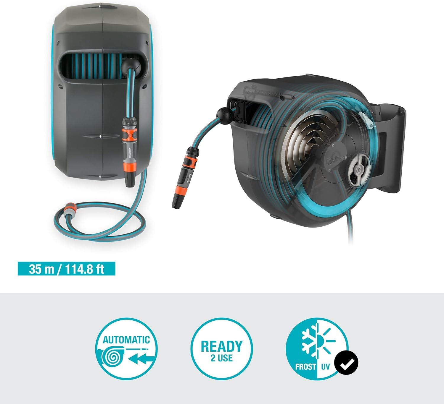imageGardena Enrouleur de Tuyau Mural Rollup XL Blanc Longueur 35m 13mm Garantie 5 Ans Dvidoir pivotant 180 Kit Complet avec Lance raccord Tuyau et Support Mural Inclus 1863220Turquoise