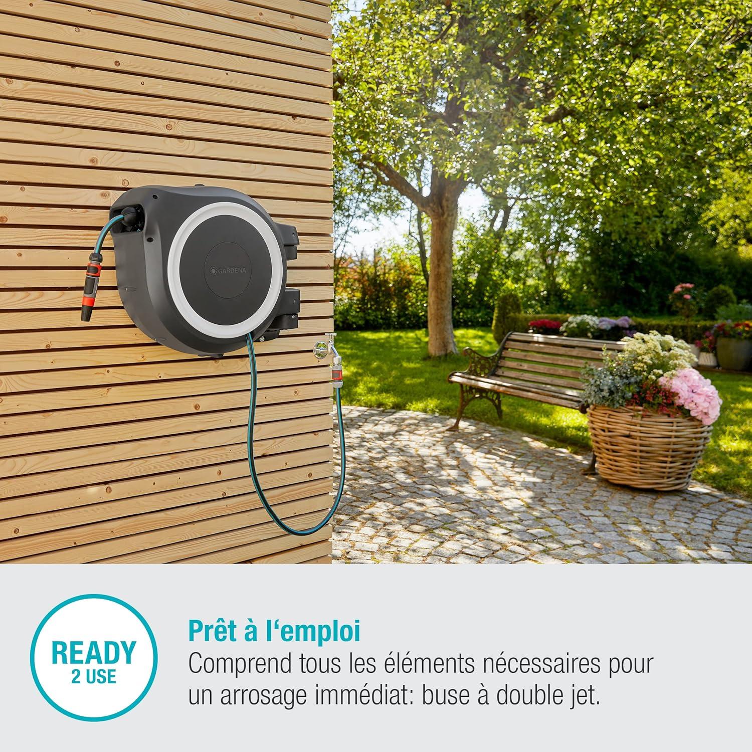 imageGardena Enrouleur de Tuyau Mural Rollup XL Blanc Longueur 35m 13mm Garantie 5 Ans Dvidoir pivotant 180 Kit Complet avec Lance raccord Tuyau et Support Mural Inclus 1863220Blanc