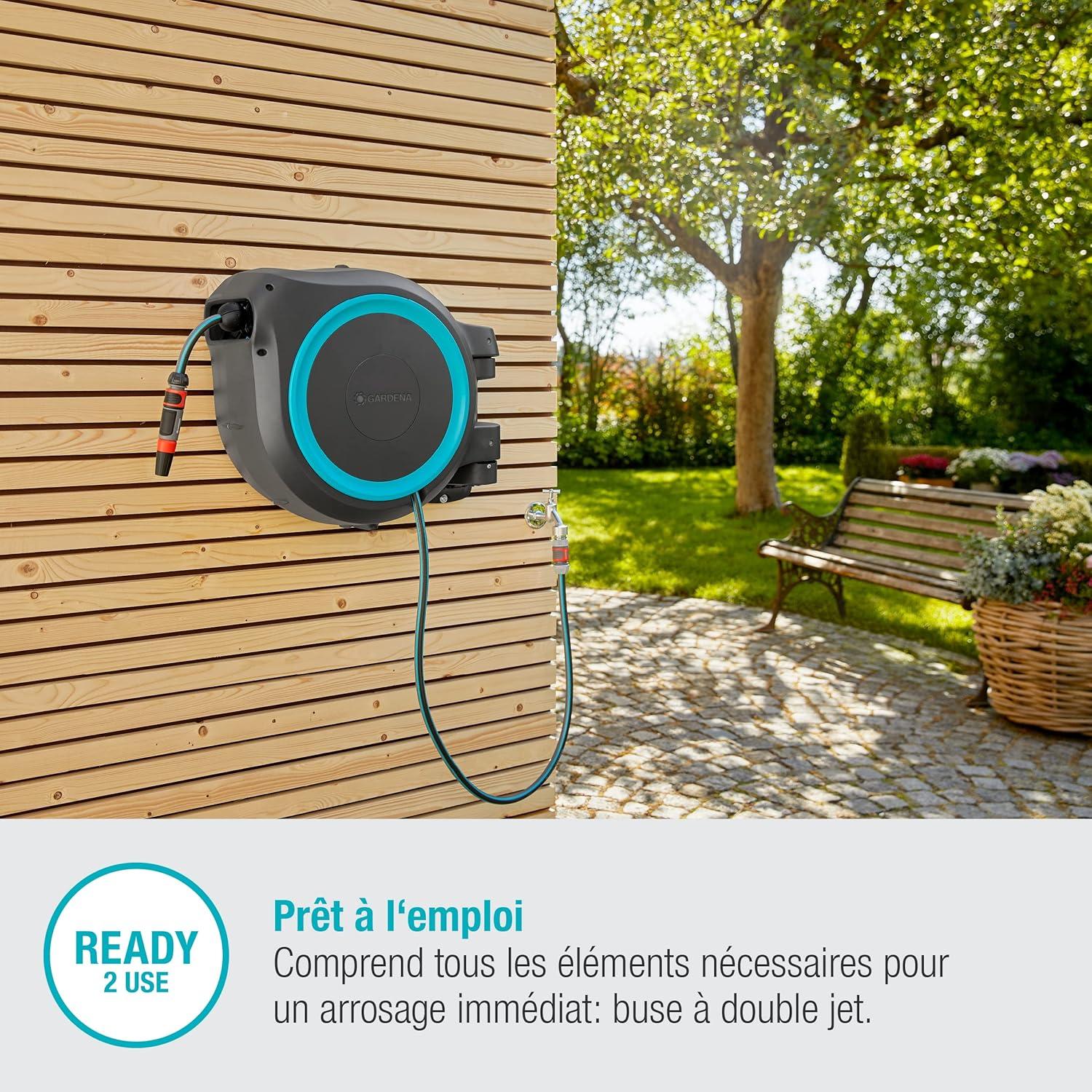 imageGardena Enrouleur de Tuyau Mural Rollup XL Blanc Longueur 35m 13mm Garantie 5 Ans Dvidoir pivotant 180 Kit Complet avec Lance raccord Tuyau et Support Mural Inclus 1863220Turquoise