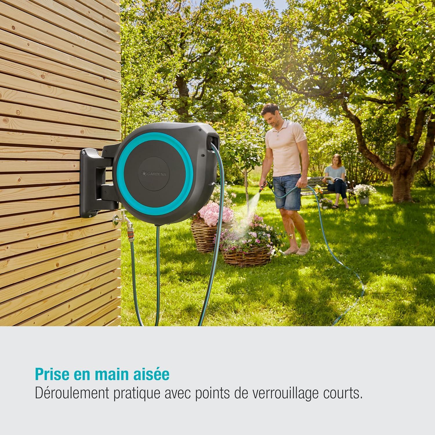 imageGardena Enrouleur de Tuyau Mural Rollup XL Blanc Longueur 35m 13mm Garantie 5 Ans Dvidoir pivotant 180 Kit Complet avec Lance raccord Tuyau et Support Mural Inclus 1863220Turquoise
