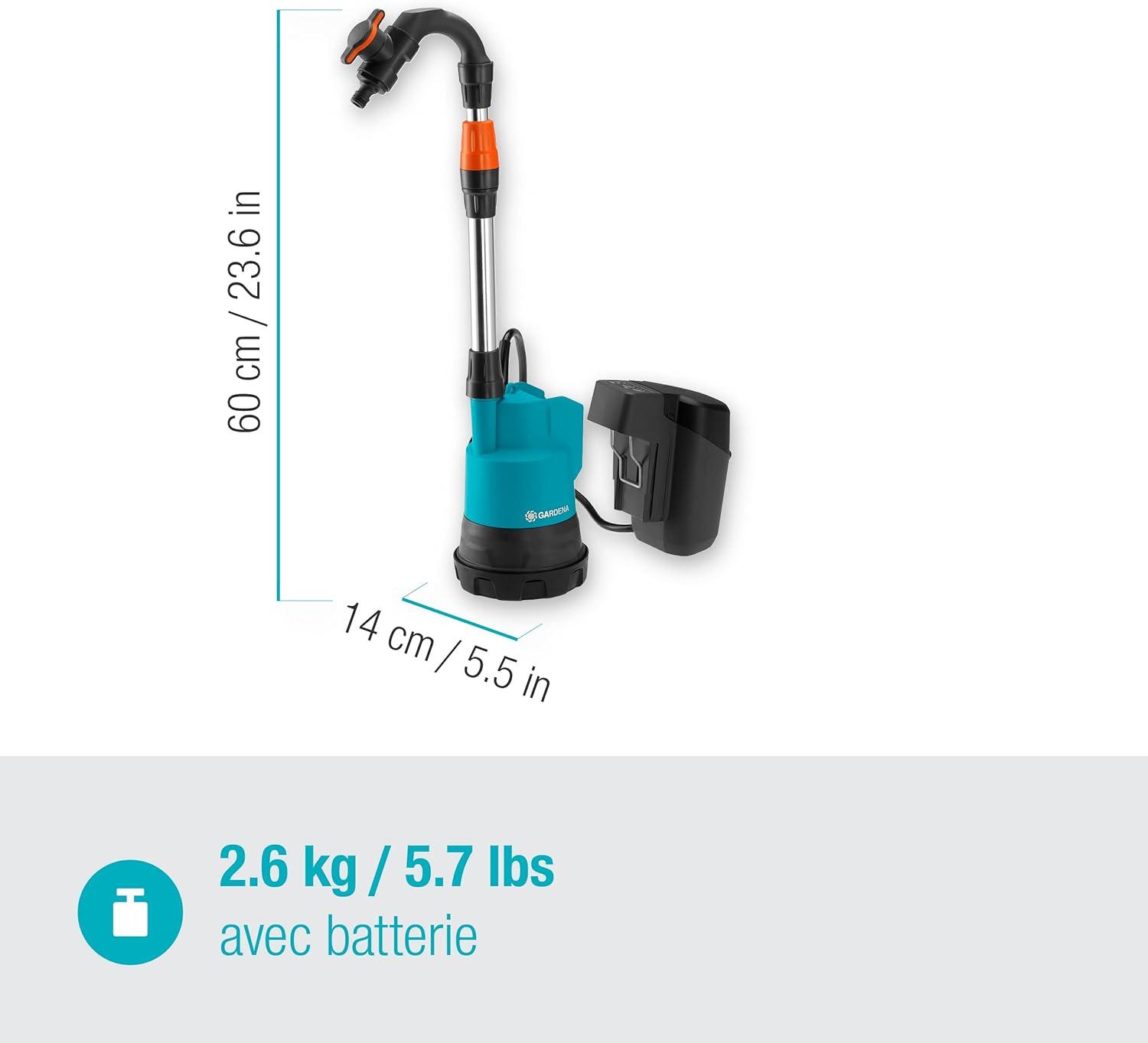 imageGardena Pompe collecteur de pluie sans fil 20002 18 V P4A sans bat Pompe dvacuation submersible sans fil filtre intgr protection contre la marche sec dbit 2000 lh 1460255avec batterie