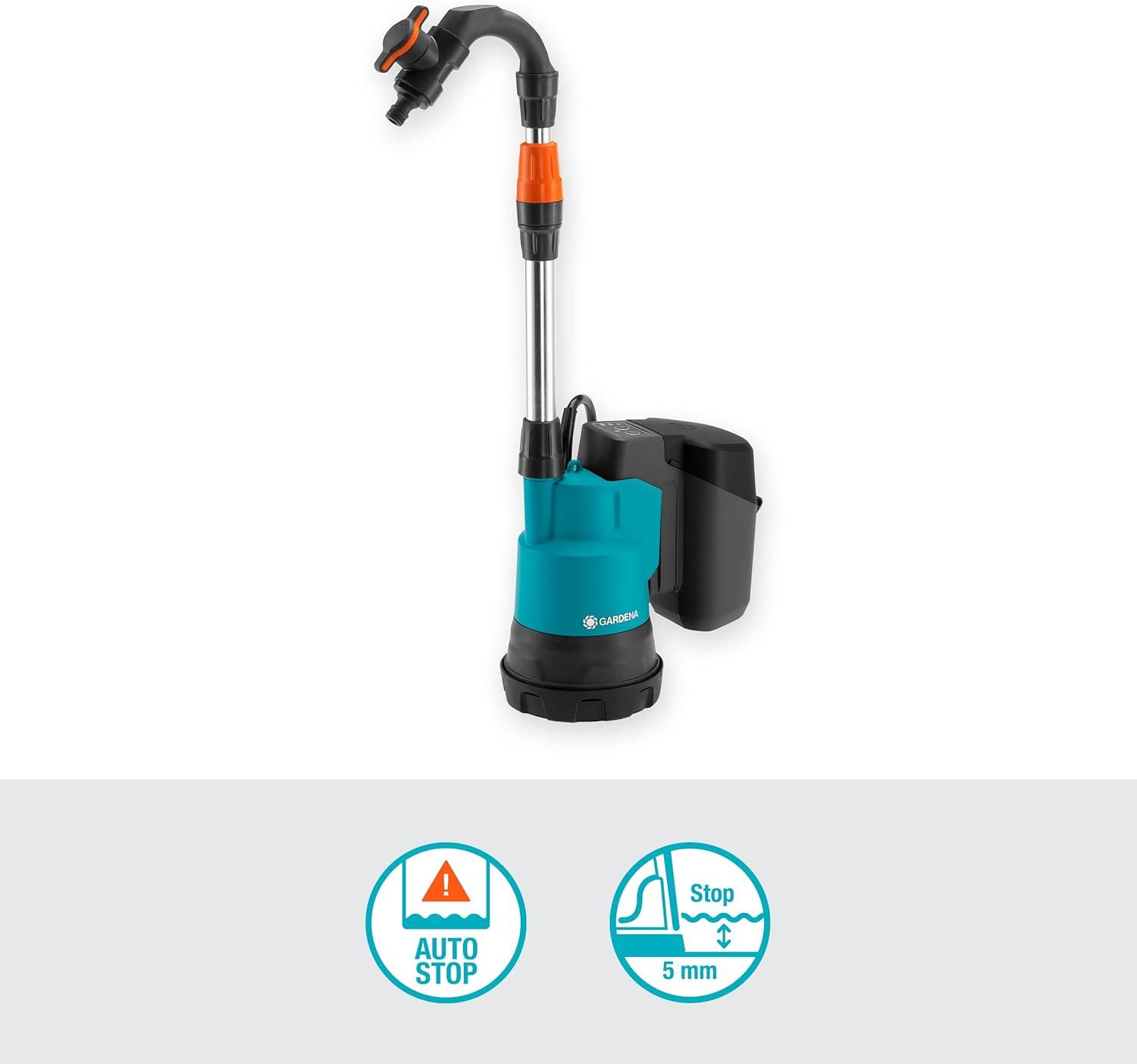 imageGardena Pompe collecteur de pluie sans fil 20002 18 V P4A sans bat Pompe dvacuation submersible sans fil filtre intgr protection contre la marche sec dbit 2000 lh 1460255avec batterie