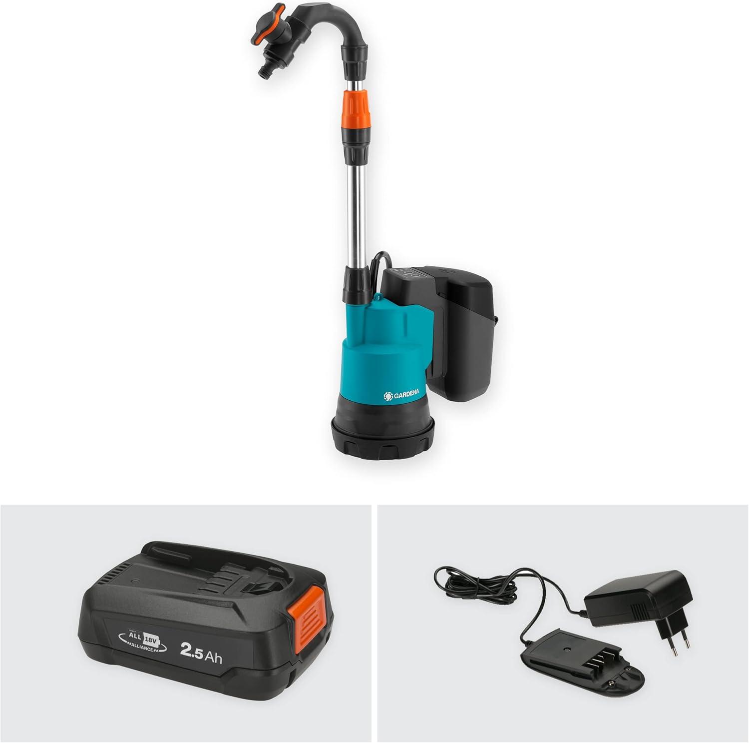 imageGardena Pompe collecteur de pluie sans fil 20002 18 V P4A sans bat Pompe dvacuation submersible sans fil filtre intgr protection contre la marche sec dbit 2000 lh 1460255avec batterie