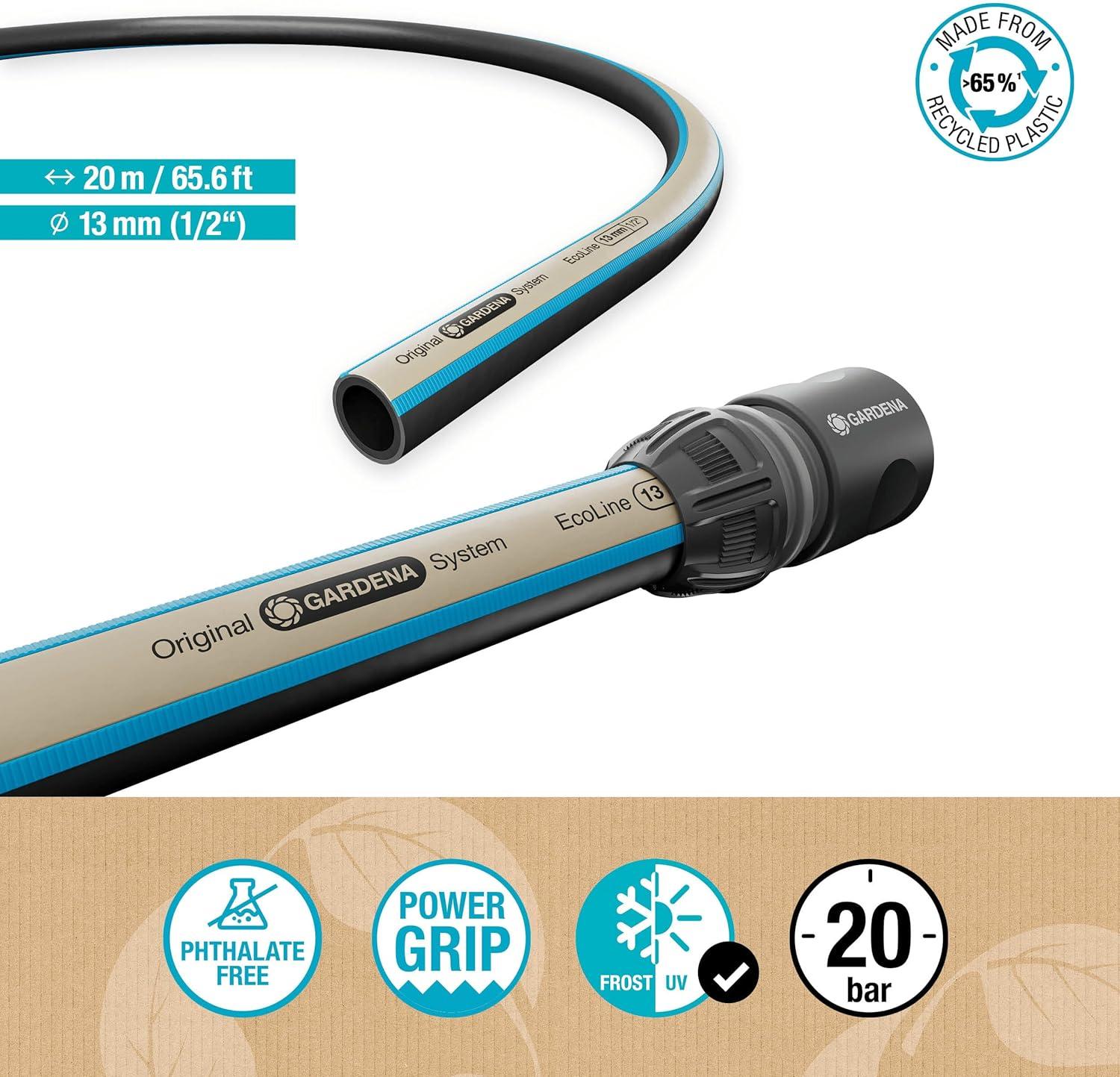 imageGardena tuyau EcoLine 12 pouce 20 m sans pices systme Tuyau darrosage durable plastique recycl sans phtalates ni substances nocives fonction PowerGrip rsistant gel et UV 1893020