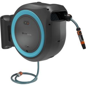 Gardena Dévidoir mural PowerRoll XL Ready-to-use-Set: Dévidoir automatique avec 35 m de tuyau d&rsquo;arrosage, guide-tuyau et technologie RollControll, kit complet avec batterie (18642-20)(Bleu Turquoise)