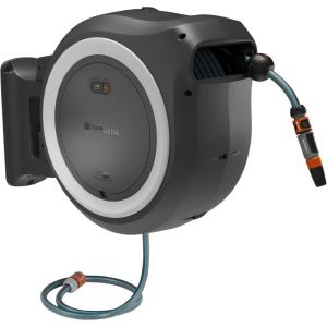Gardena Dévidoir mural PowerRoll XL Ready-to-use-Set: Dévidoir automatique avec 35 m de tuyau d&rsquo;arrosage, guide-tuyau et technologie RollControll, kit complet avec batterie (18642-20)(Blanc)